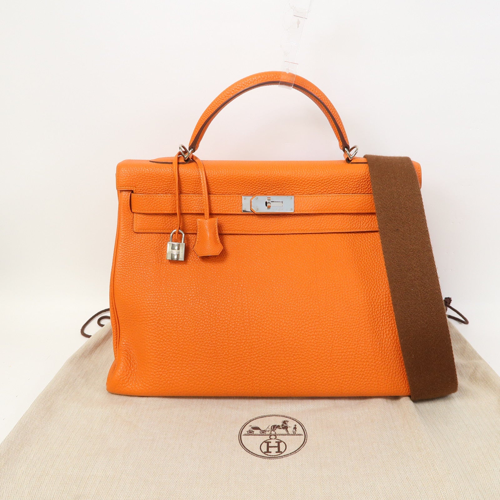 HERMES Togo Leather Kelly 40 Silver Buckle Hand Bag Orange
