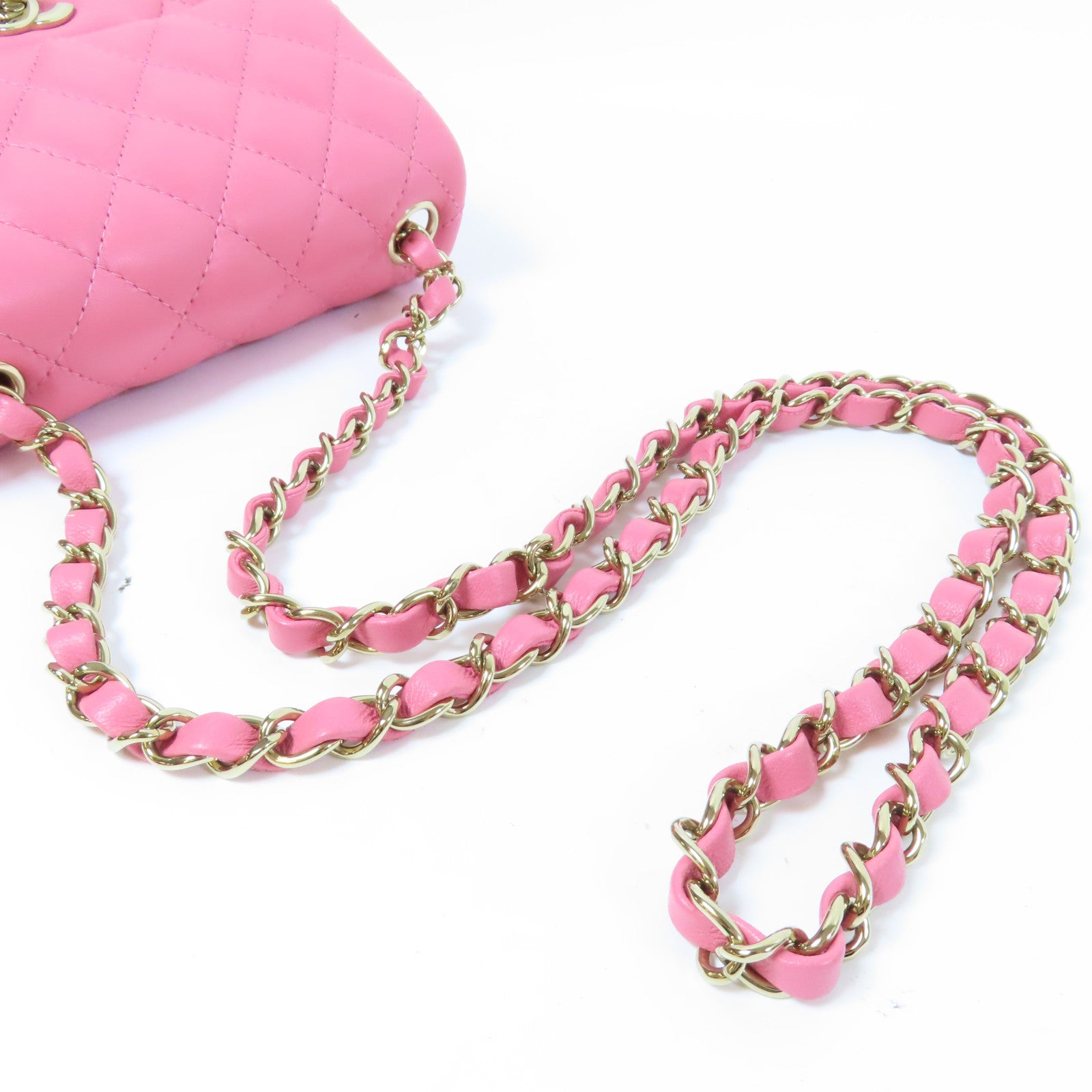 CHANEL 菱格羊皮皮革Chain Shoulder Bag金扣鏈帶肩背袋粉紅色