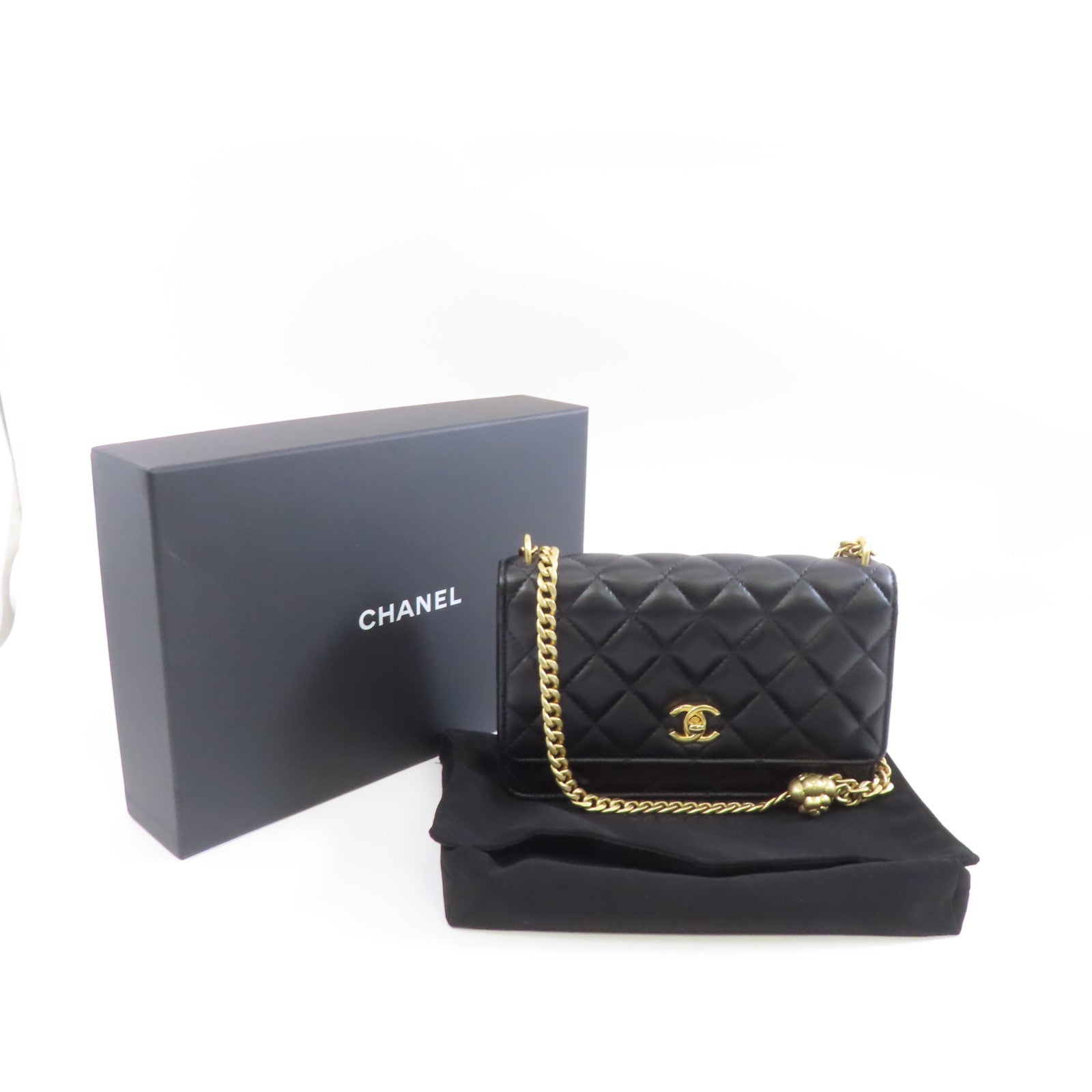 CHANEL 菱格羊皮皮革Wallet On Chain金扣鏈帶肩背袋黑色
