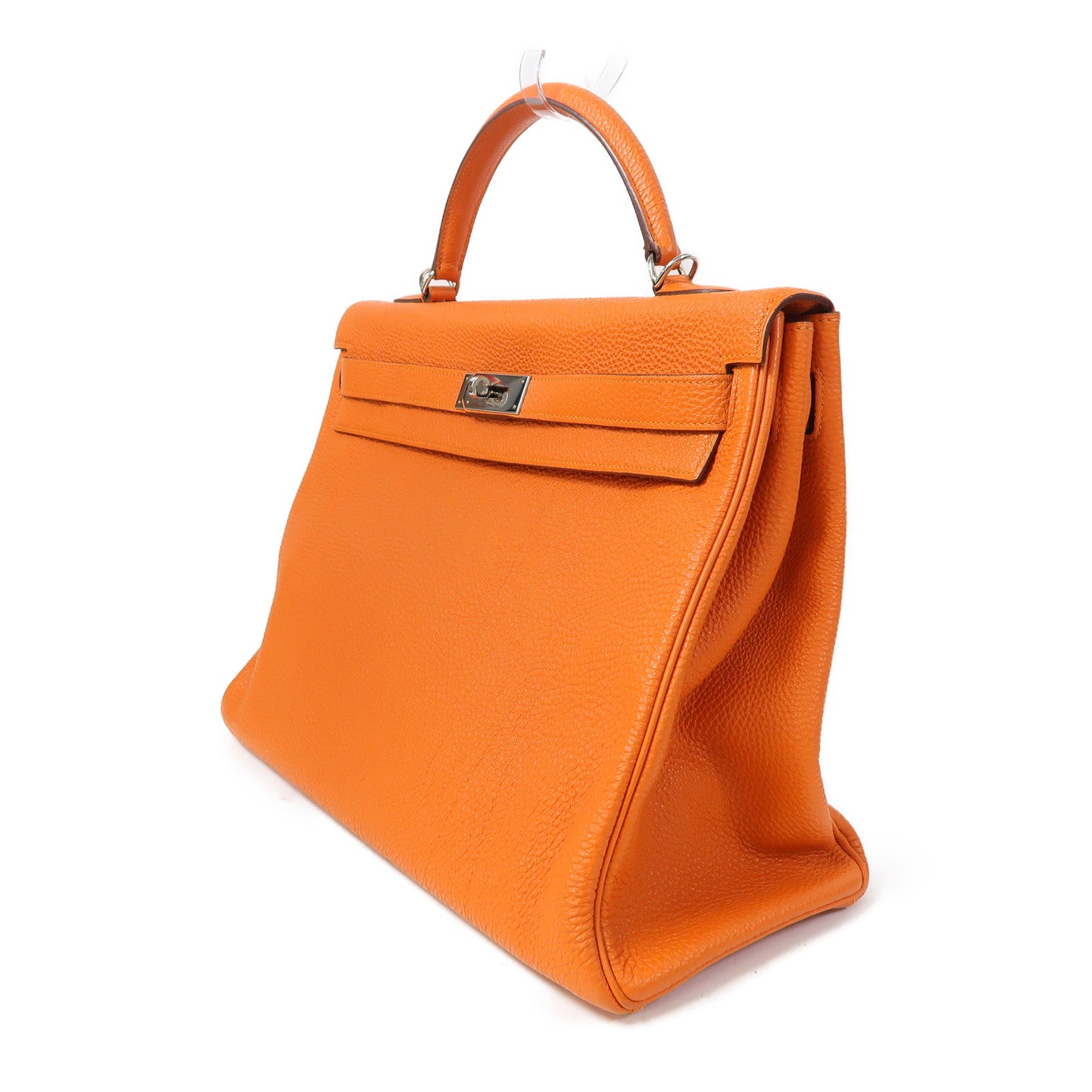 HERMES Togo Leather Kelly 40 Silver Buckle Hand Bag Orange