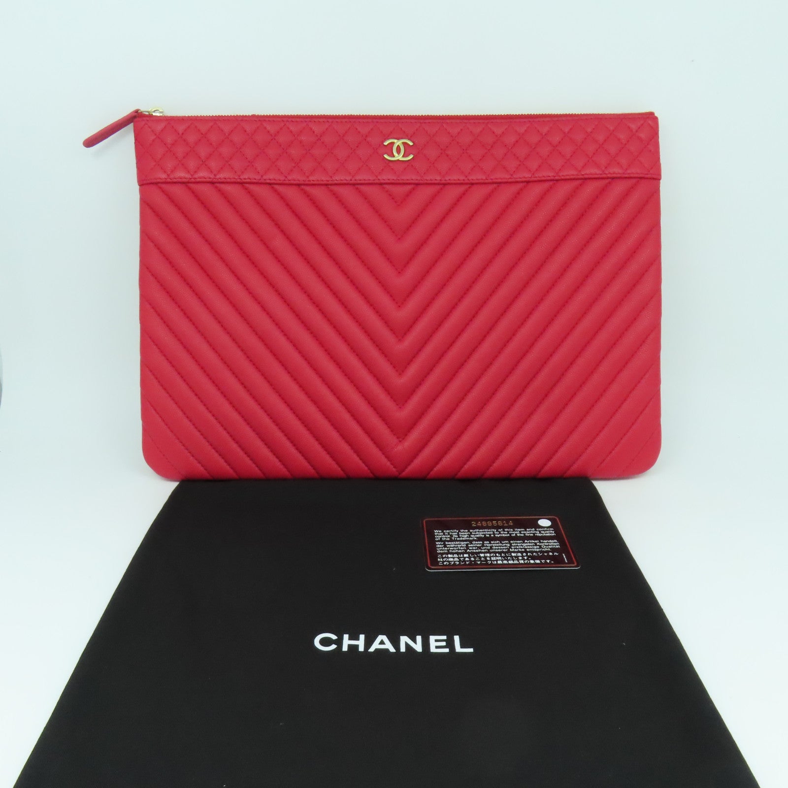 CHANEL 【清倉大減價】菱格/斜紋牛皮皮革Clutch金扣手拿包紅色