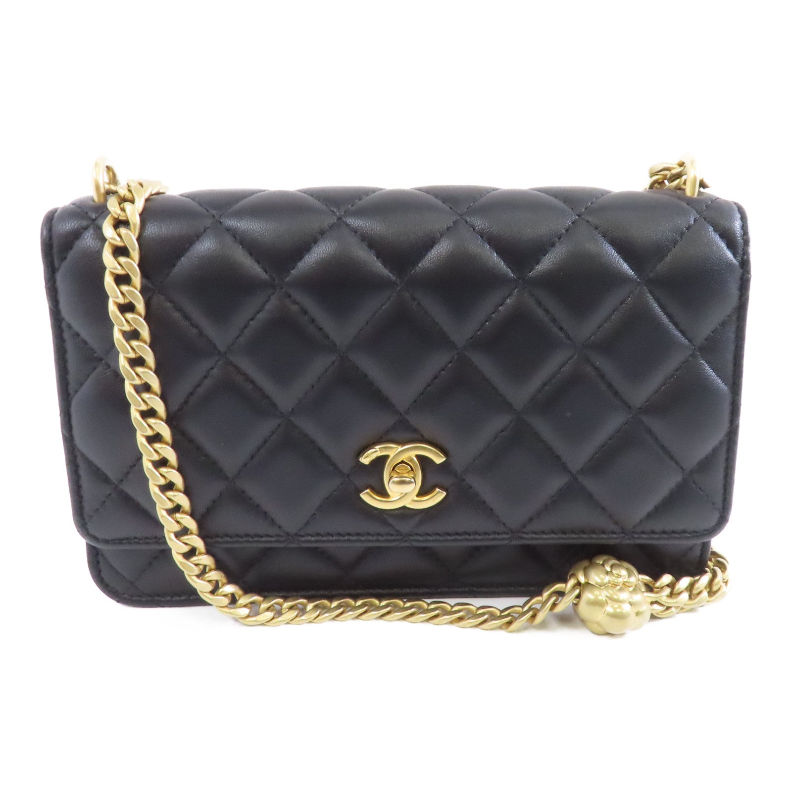 CHANEL 菱格羊皮皮革Wallet On Chain金扣鏈帶肩背袋黑色