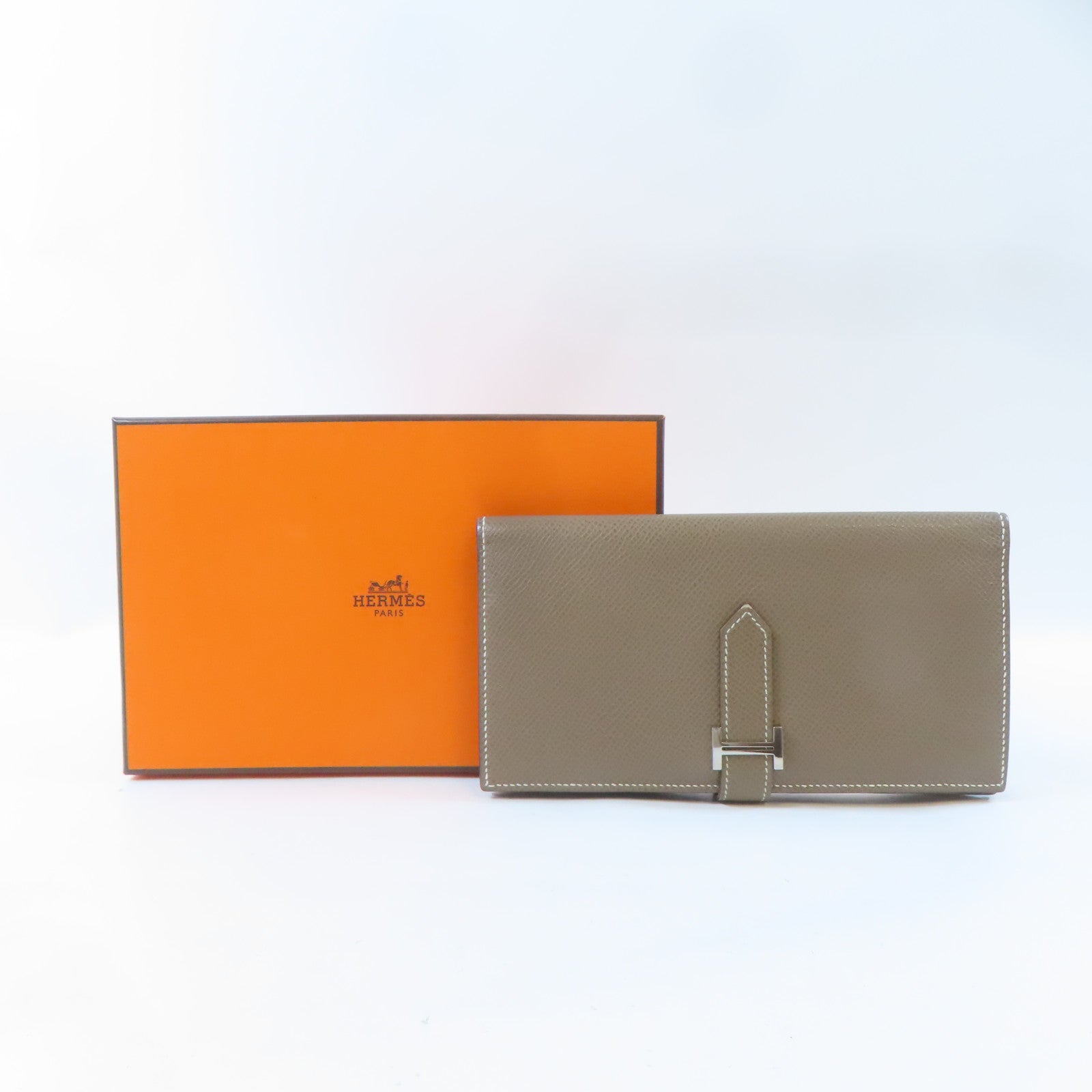 HERMES Epsom皮革Bearn Long Wallet銀扣長錢包Etoupe/灰色