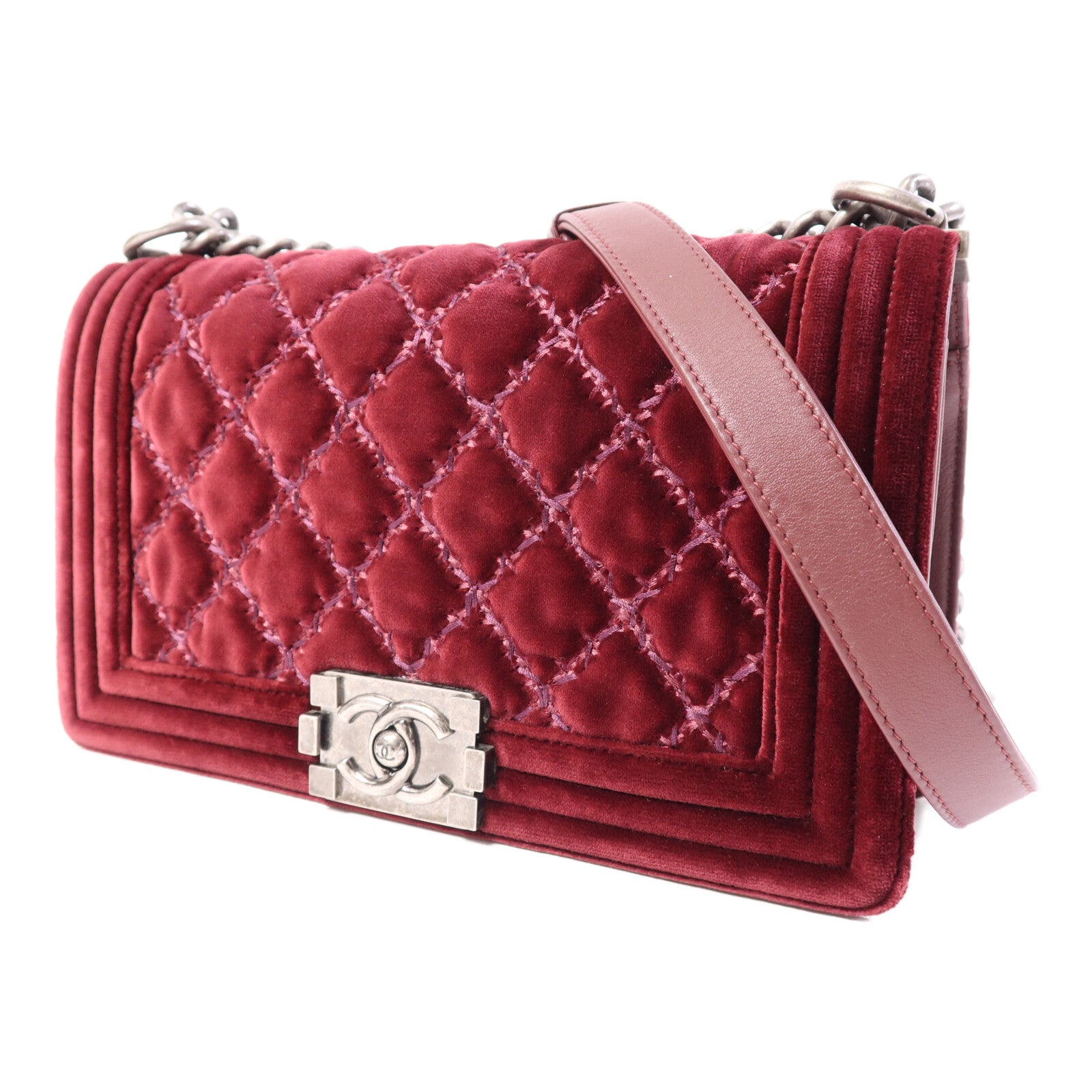 CHANEL 天鵝絨Boy 25銀扣鏈帶肩背袋