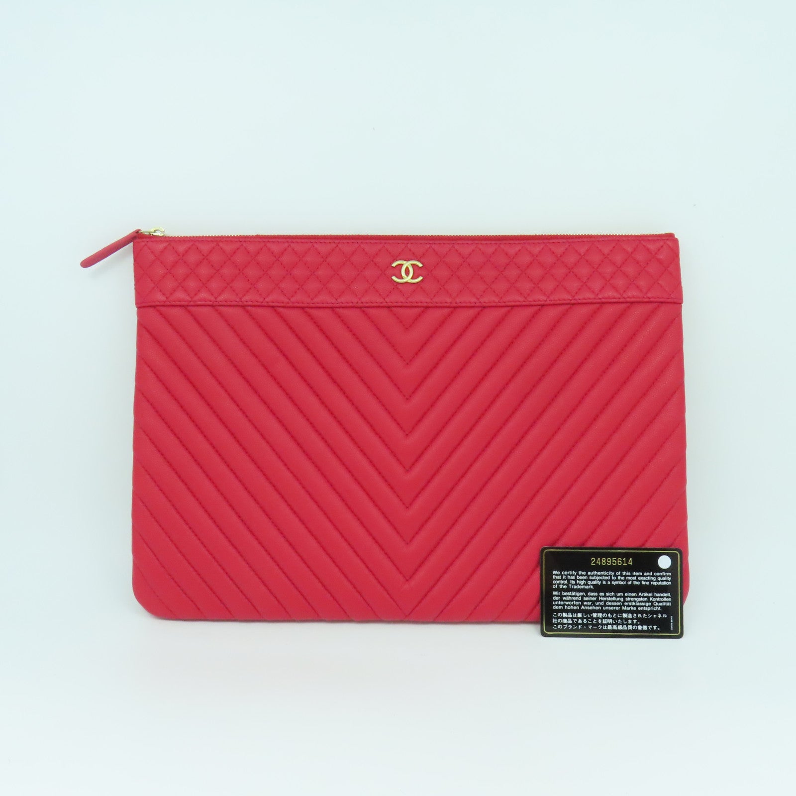 CHANEL 【清倉大減價】菱格/斜紋牛皮皮革Clutch金扣手拿包紅色