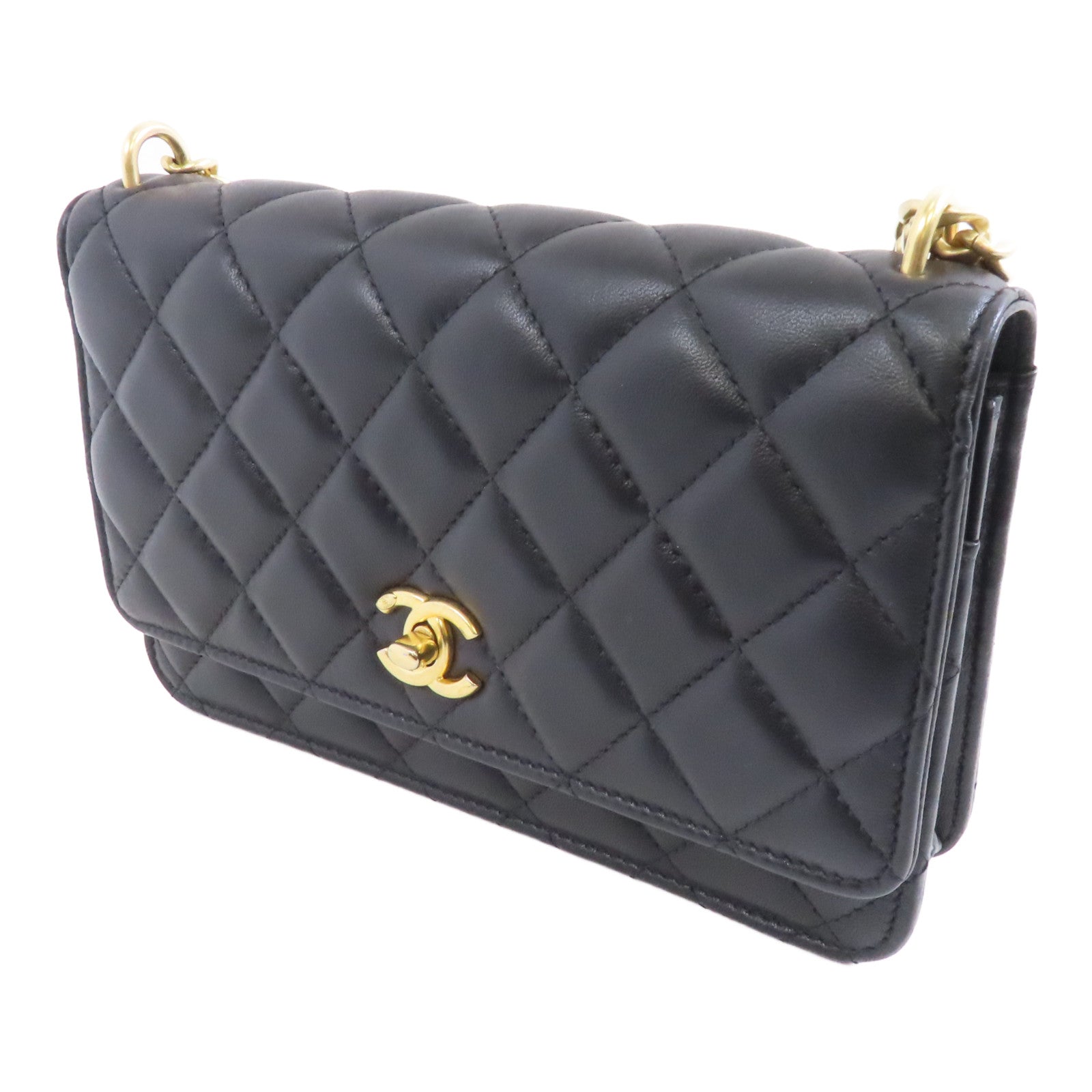 CHANEL 菱格羊皮皮革Wallet On Chain金扣鏈帶肩背袋黑色