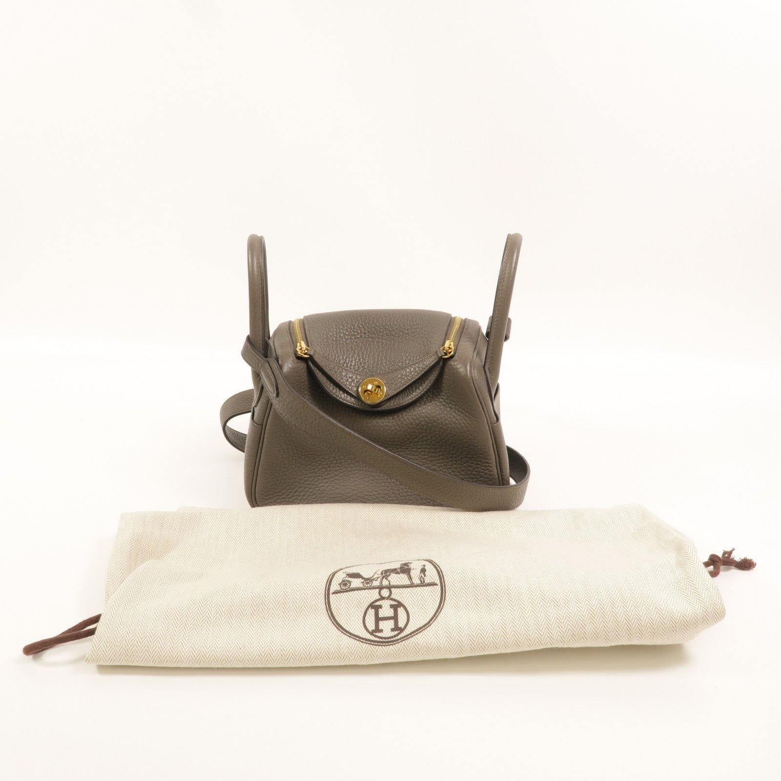 HERMES Clemence皮革Mini Lindy金扣手挽肩背兩用袋Etain
