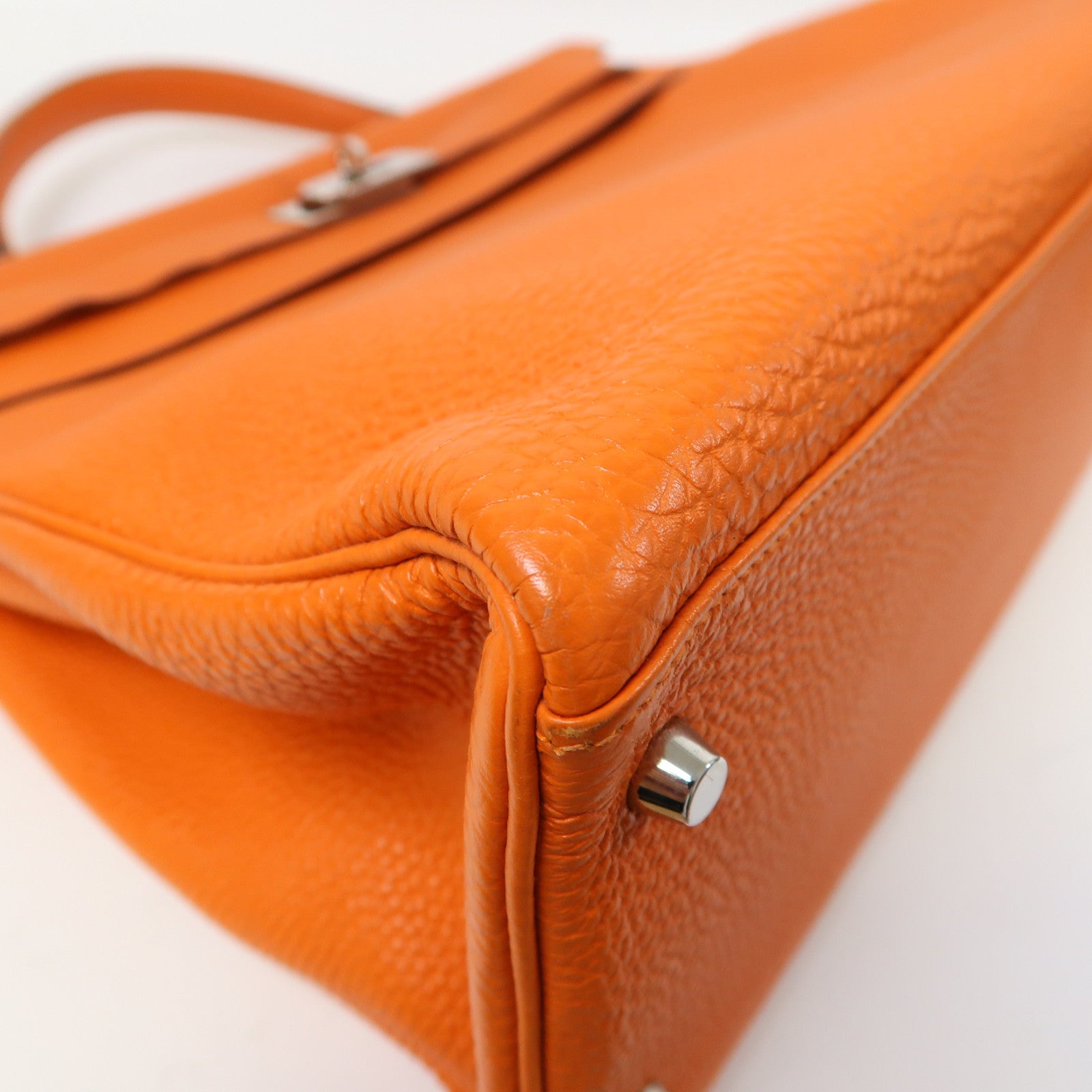 HERMES Togo Leather Kelly 40 Silver Buckle Hand Bag Orange