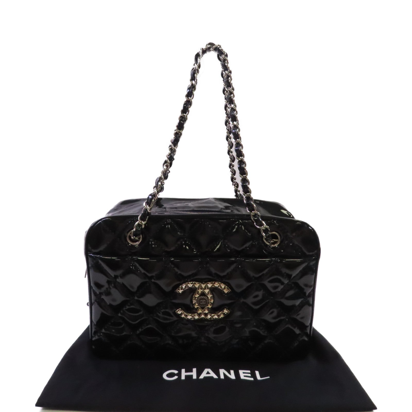 CHANEL 【激減優惠】菱格漆皮皮革Chain Shoulder Bag銀扣鏈帶肩背袋深寶藍色