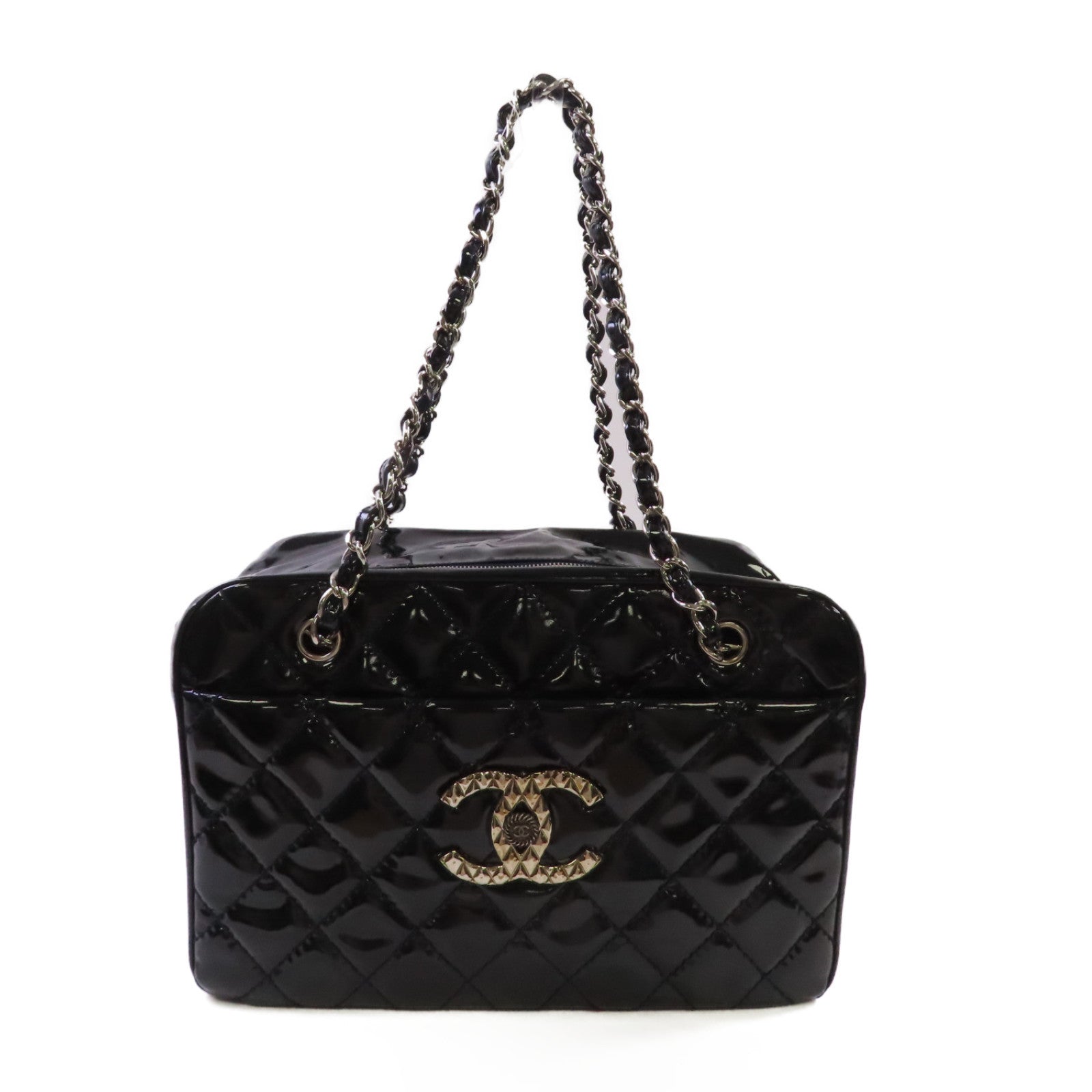 CHANEL 【激減優惠】菱格漆皮皮革Chain Shoulder Bag銀扣鏈帶肩背袋深寶藍色