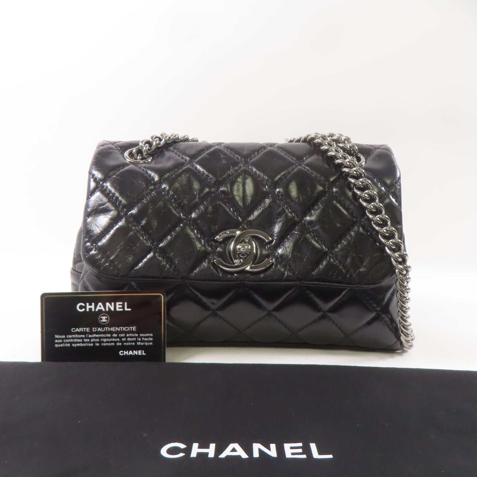 CHANEL 皮革2 Way Shoulder銀扣鏈帶肩背袋黑色