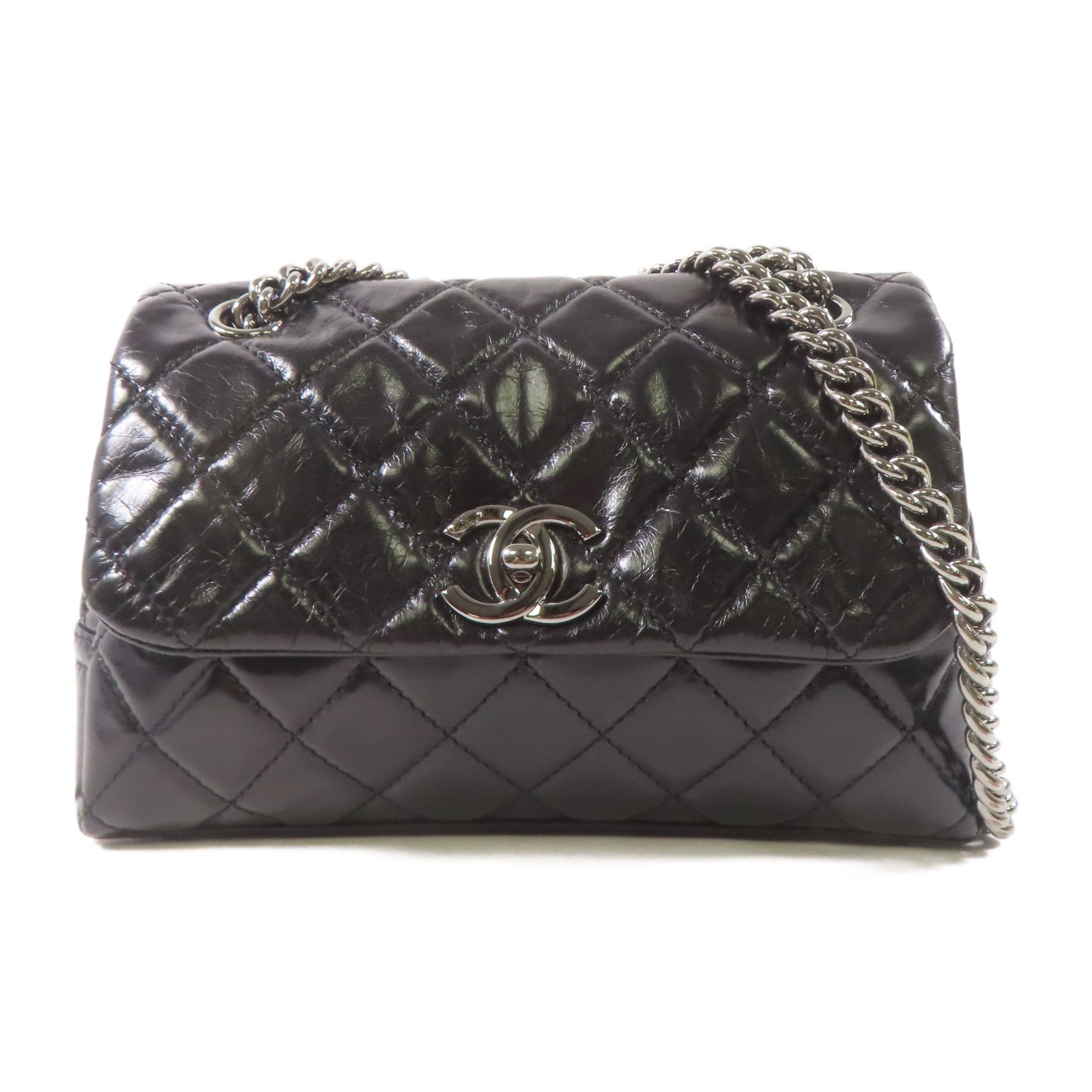 CHANEL 皮革2 Way Shoulder銀扣鏈帶肩背袋黑色