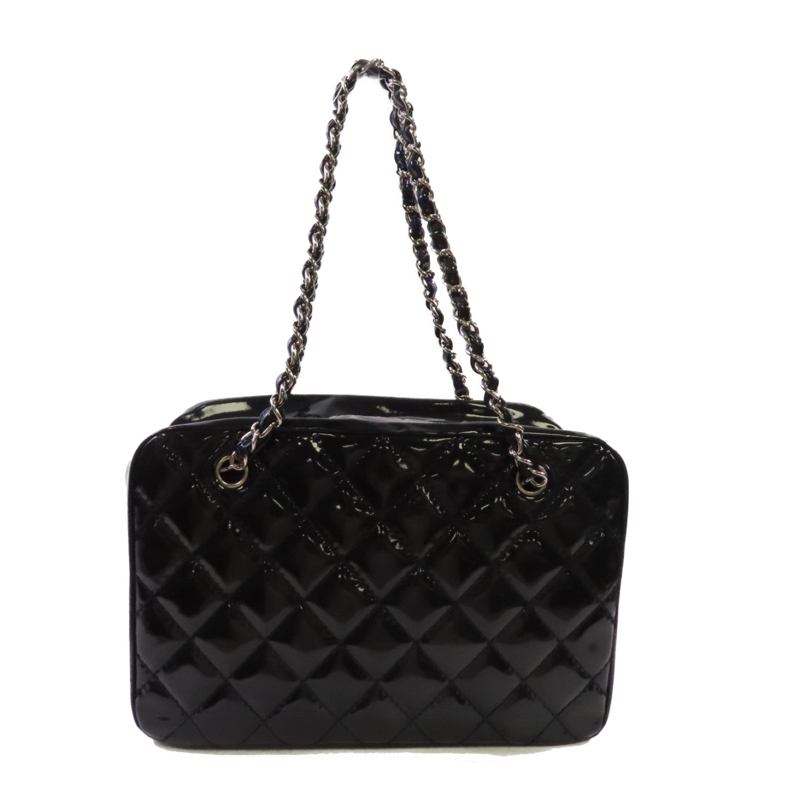 CHANEL 【激減優惠】菱格漆皮皮革Chain Shoulder Bag銀扣鏈帶肩背袋深寶藍色