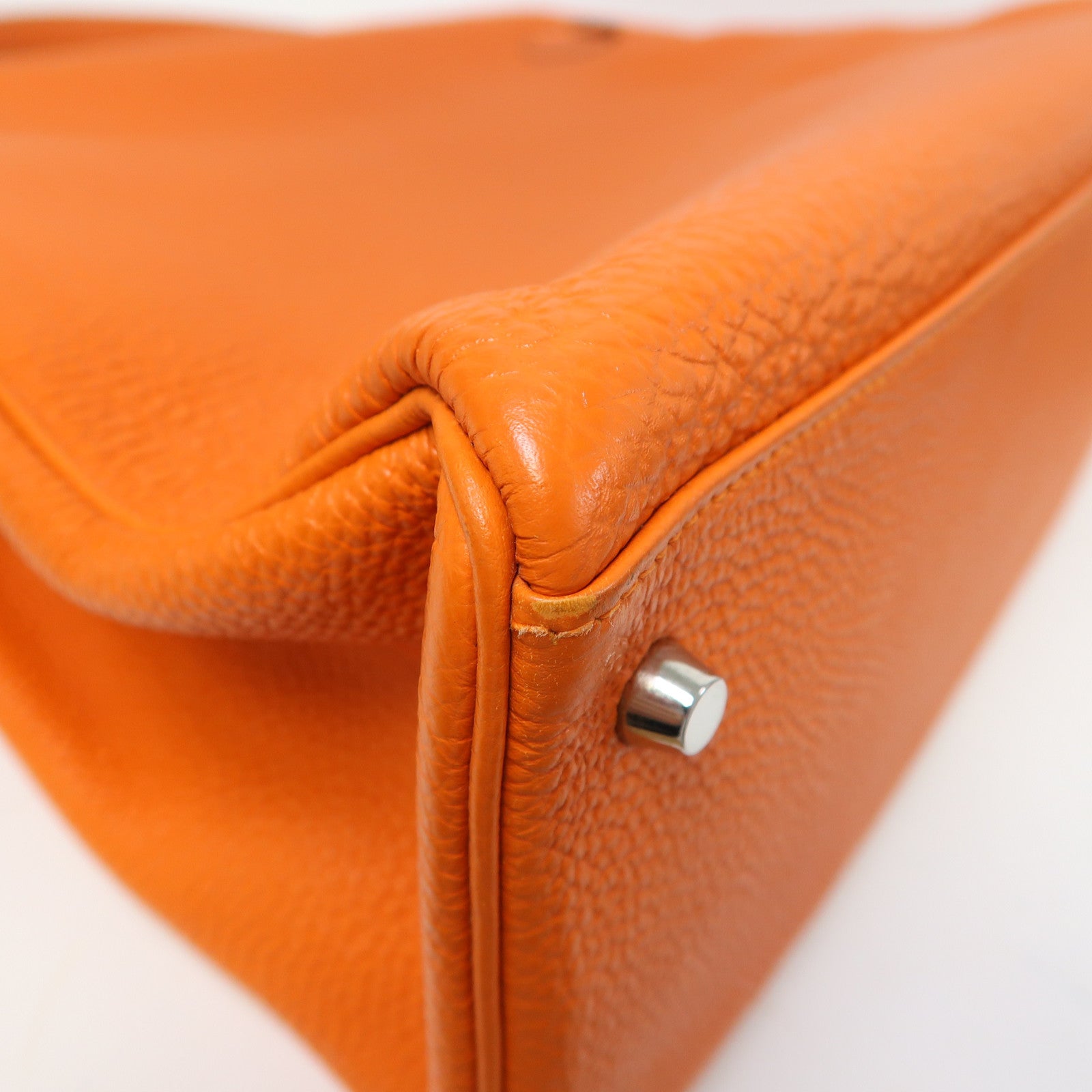 HERMES Togo Leather Kelly 40 Silver Buckle Hand Bag Orange
