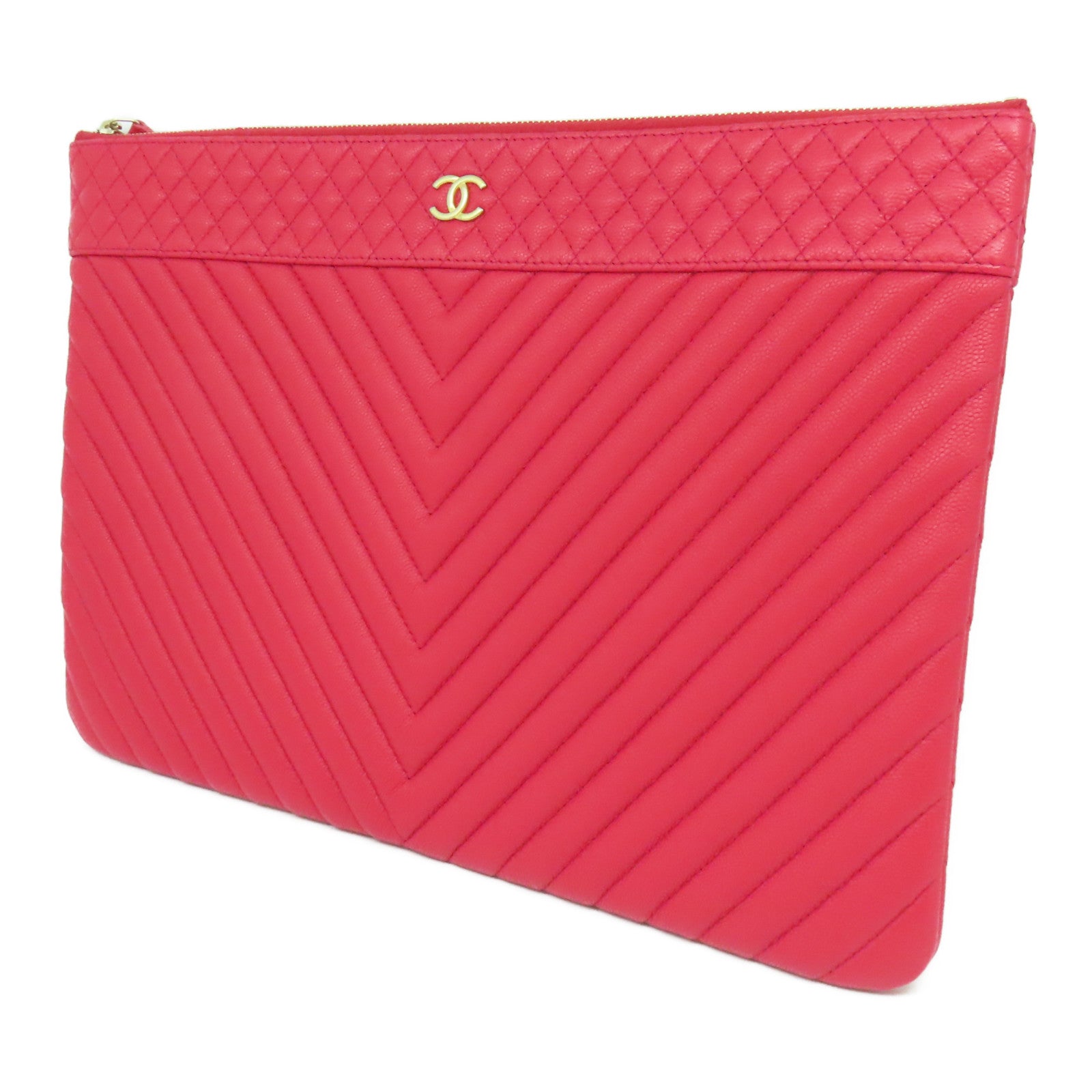CHANEL 【清倉大減價】菱格/斜紋牛皮皮革Clutch金扣手拿包紅色