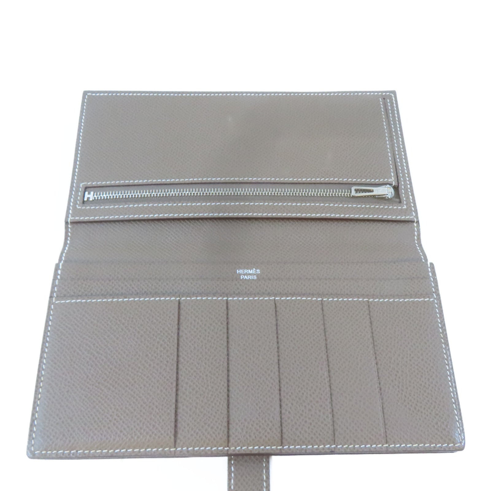 HERMES Epsom皮革Bearn Long Wallet銀扣長錢包Etoupe/灰色
