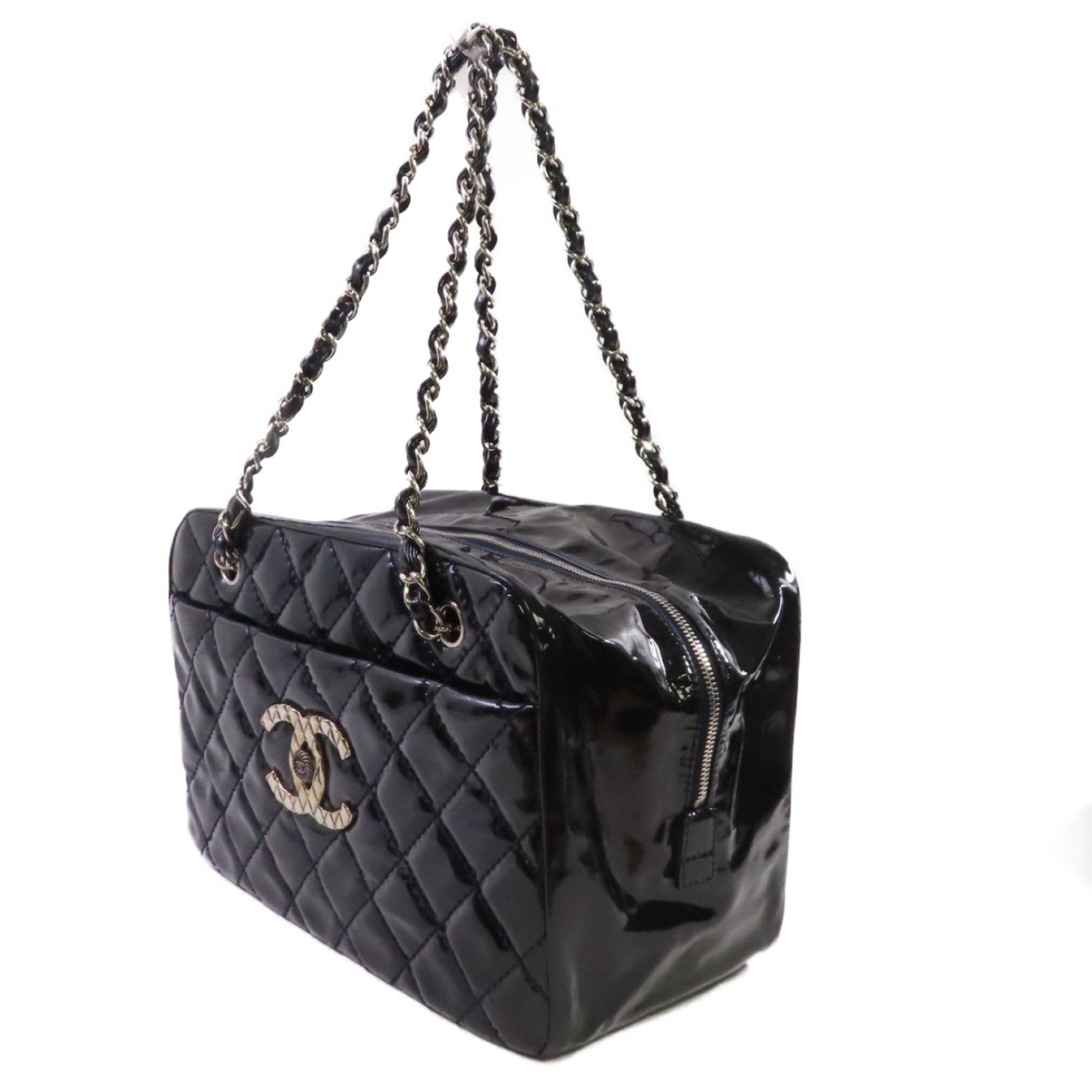 CHANEL 【激減優惠】菱格漆皮皮革Chain Shoulder Bag銀扣鏈帶肩背袋深寶藍色