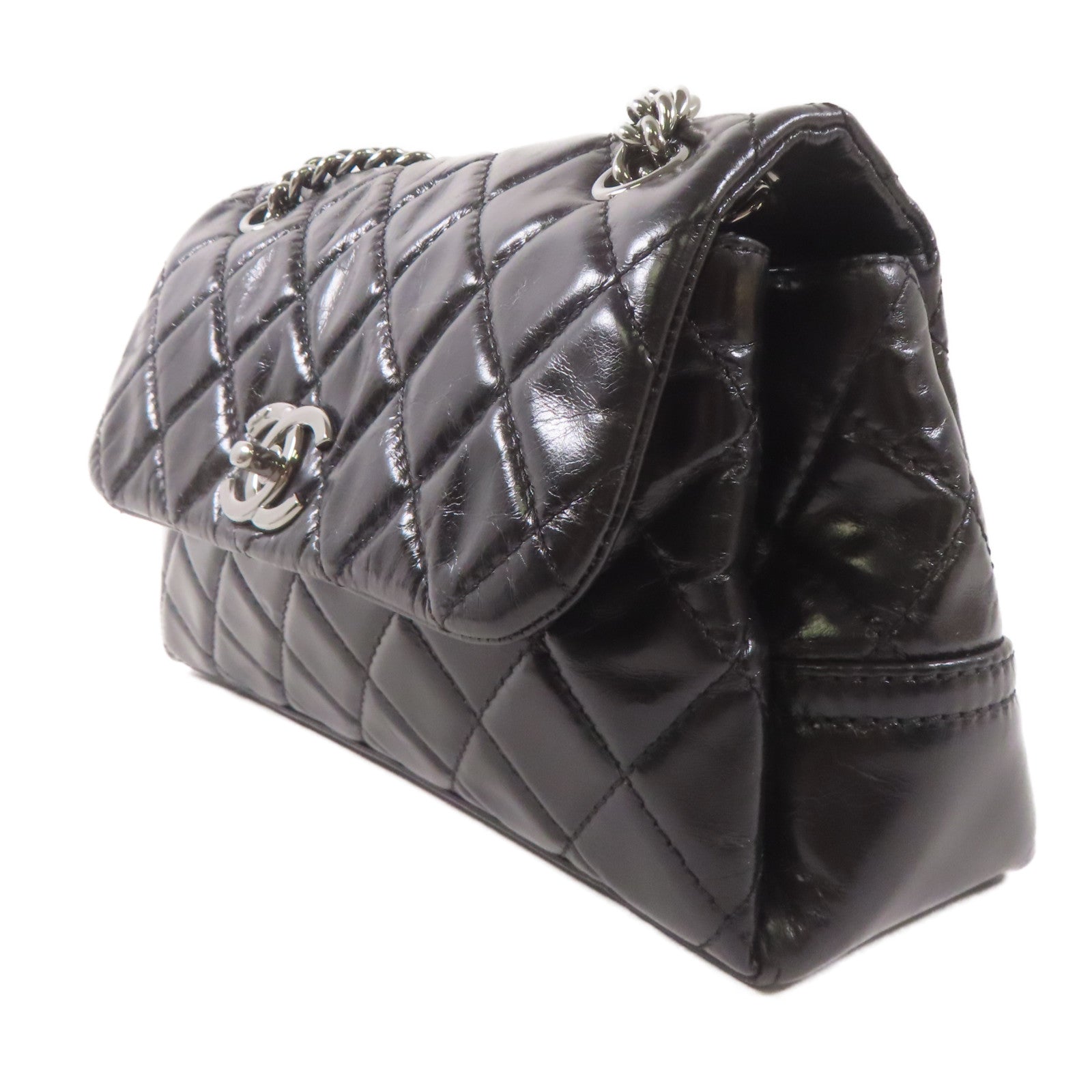 CHANEL 皮革2 Way Shoulder銀扣鏈帶肩背袋黑色