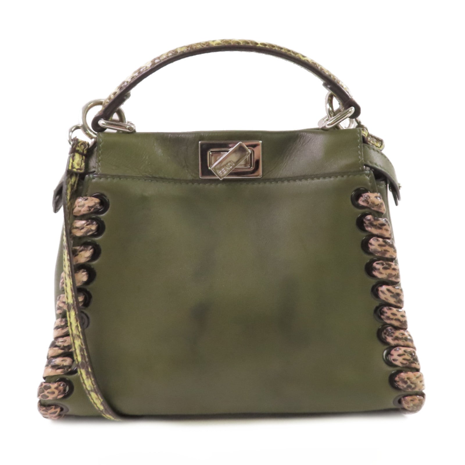 FENDI 牛皮皮革/蛇皮皮革Peekaboo Mini 2Way Shoulder Bag銀扣手挽肩背兩用袋綠色