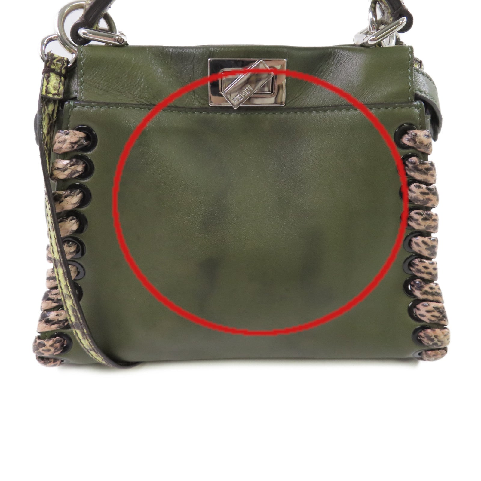 FENDI 牛皮皮革/蛇皮皮革Peekaboo Mini 2Way Shoulder Bag銀扣手挽肩背兩用袋綠色