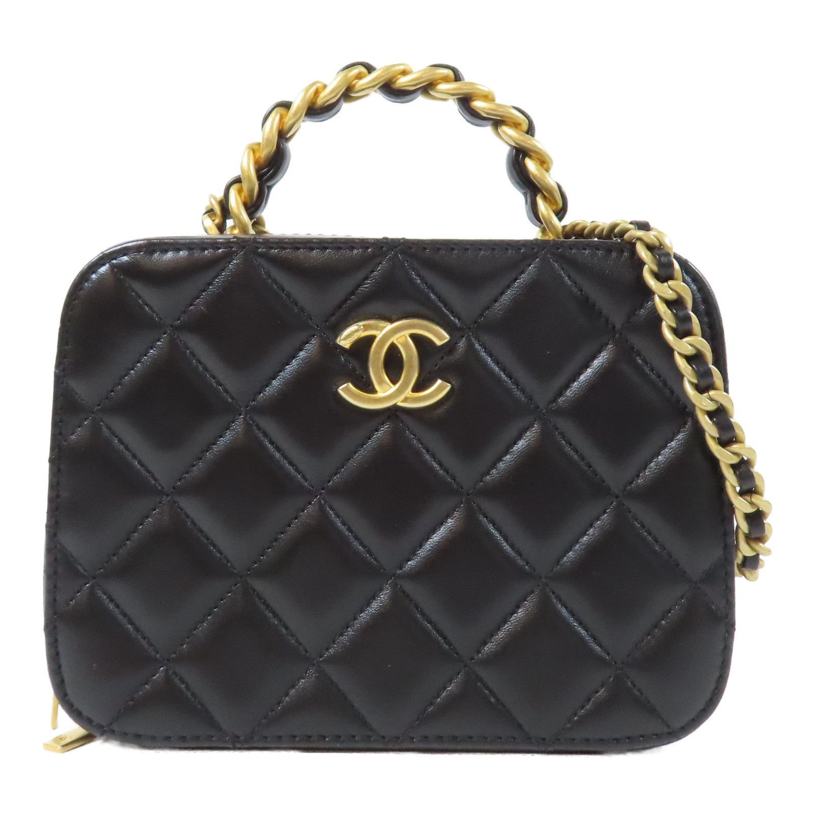 CHANEL 【激減優惠】菱格羊皮皮革Vanity Case金扣鏈帶手挽肩背兩用袋黑色