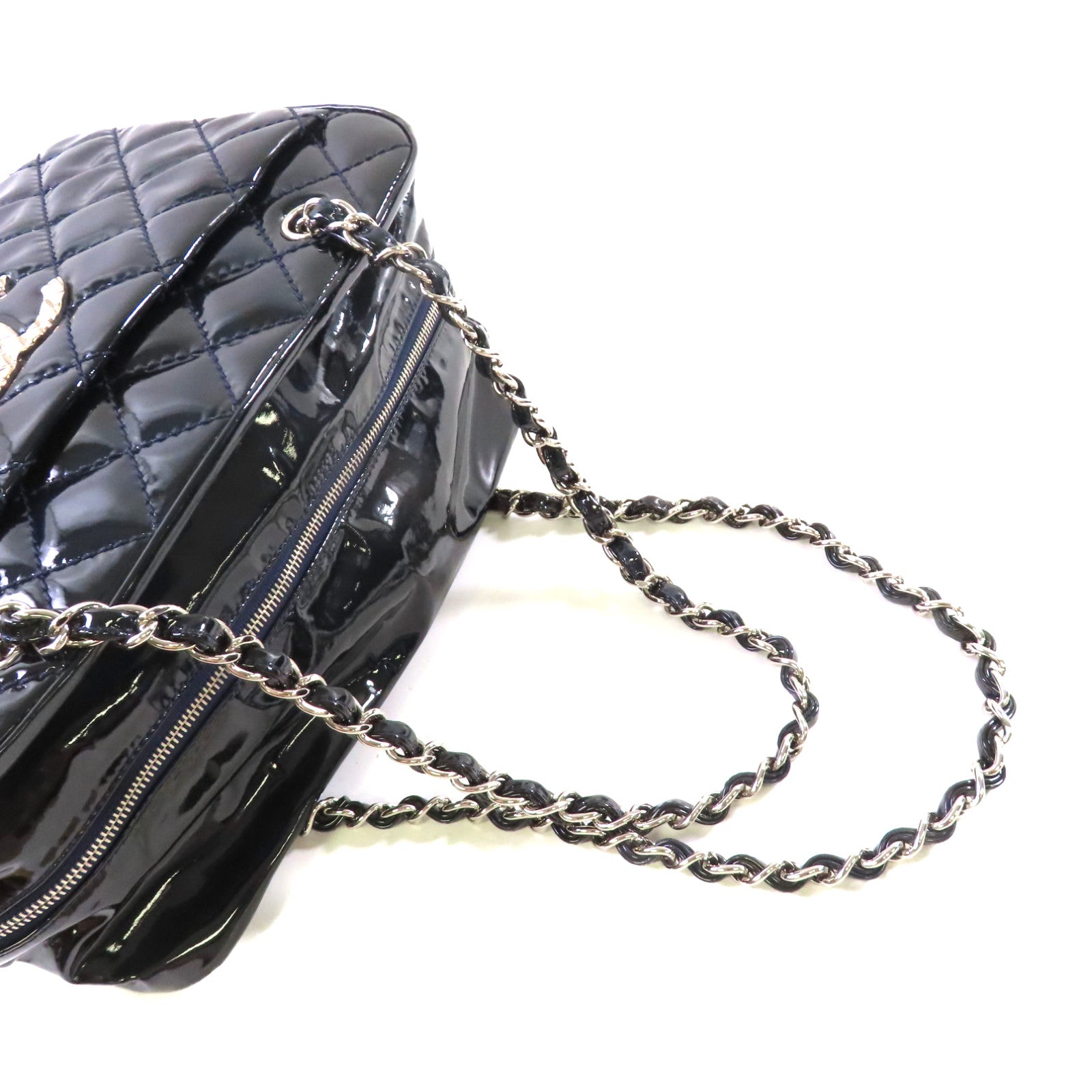 CHANEL 【激減優惠】菱格漆皮皮革Chain Shoulder Bag銀扣鏈帶肩背袋深寶藍色