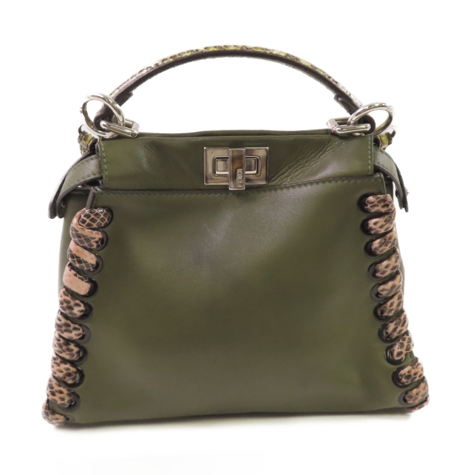 FENDI 牛皮皮革/蛇皮皮革Peekaboo Mini 2Way Shoulder Bag銀扣手挽肩背兩用袋綠色