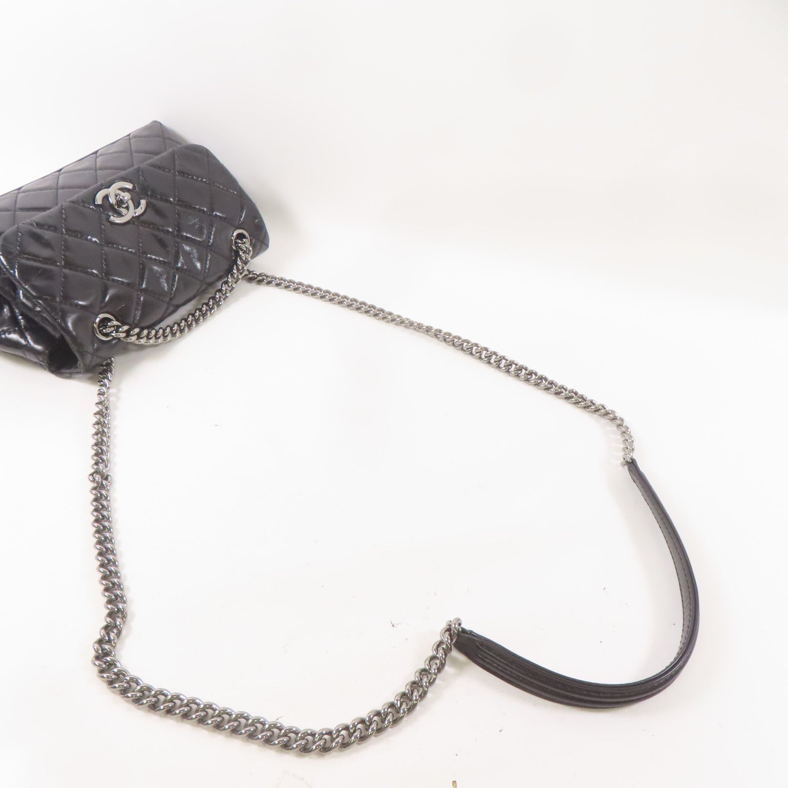 CHANEL 皮革2 Way Shoulder銀扣鏈帶肩背袋黑色
