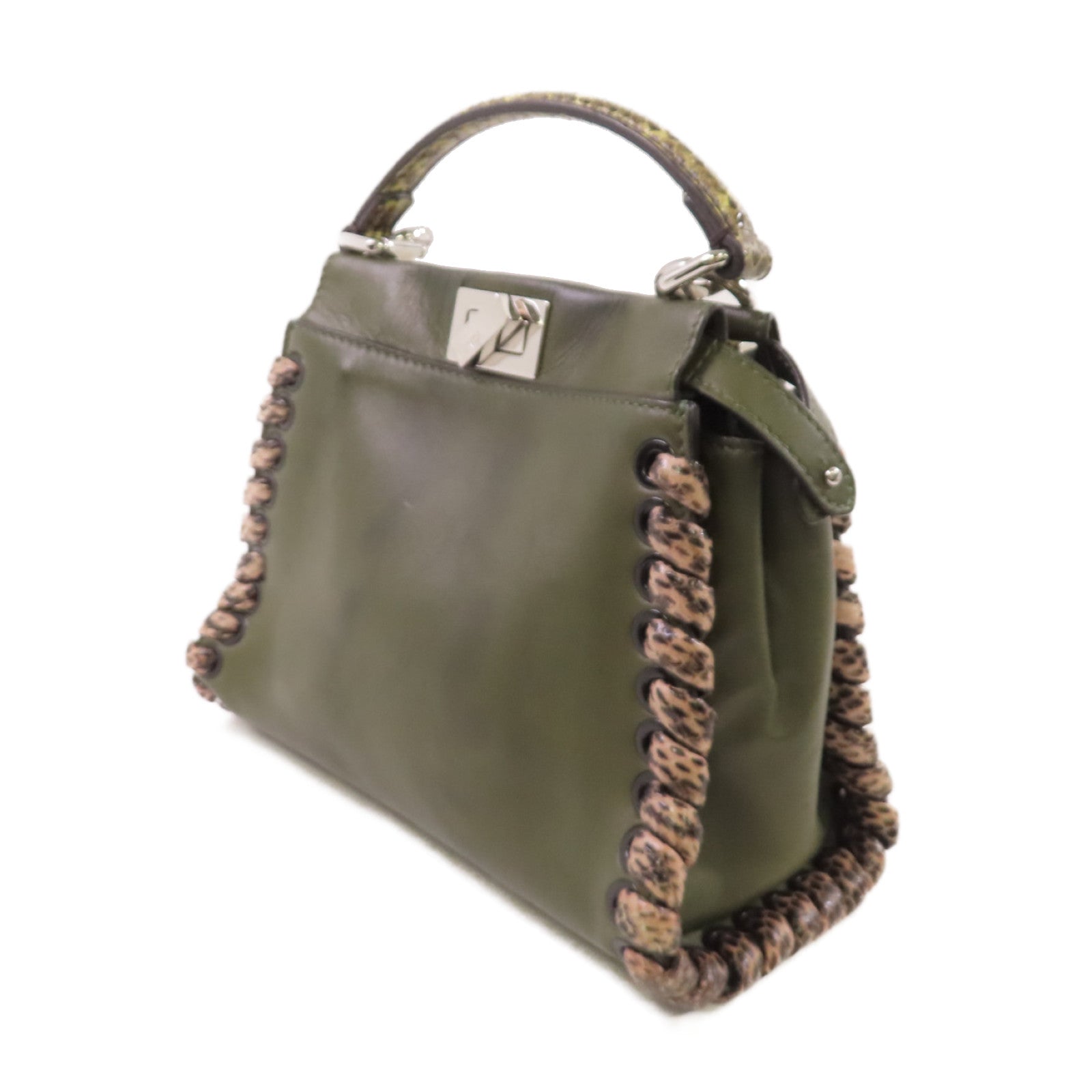 FENDI 牛皮皮革/蛇皮皮革Peekaboo Mini 2Way Shoulder Bag銀扣手挽肩背兩用袋綠色