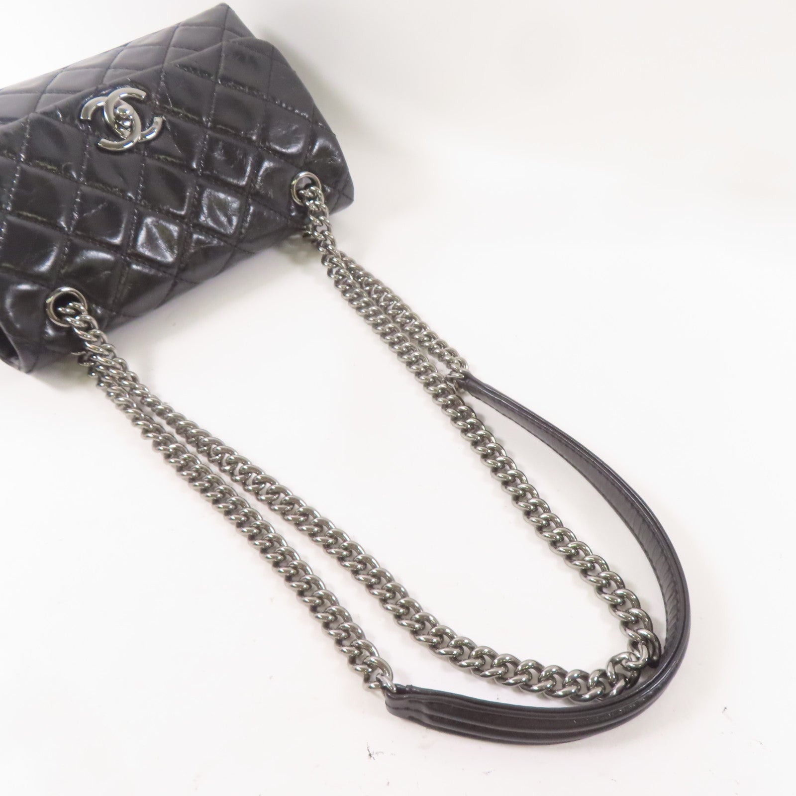 CHANEL 皮革2 Way Shoulder銀扣鏈帶肩背袋黑色