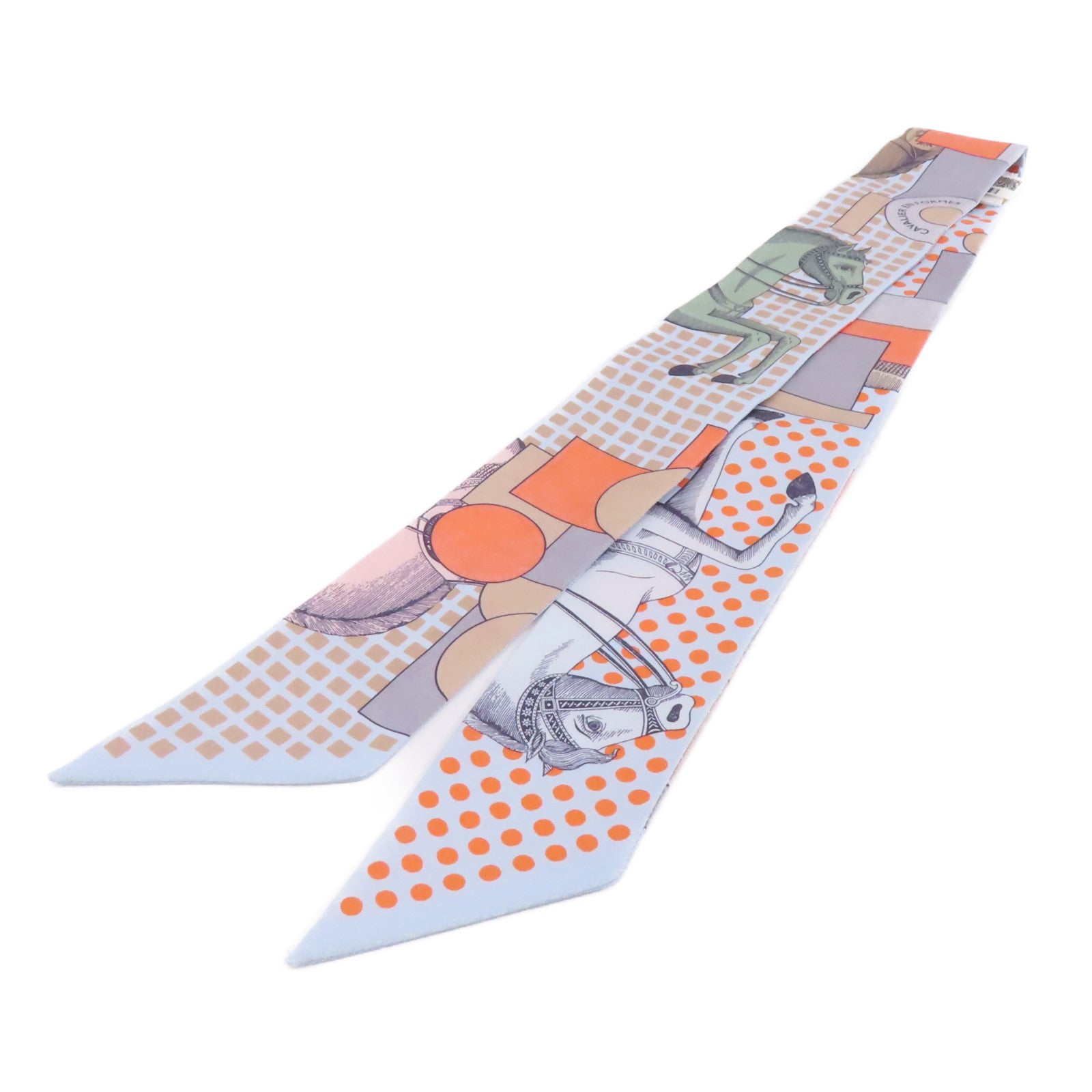 HERMES 絲質Twilly絲巾淺藍色/橙色/米色