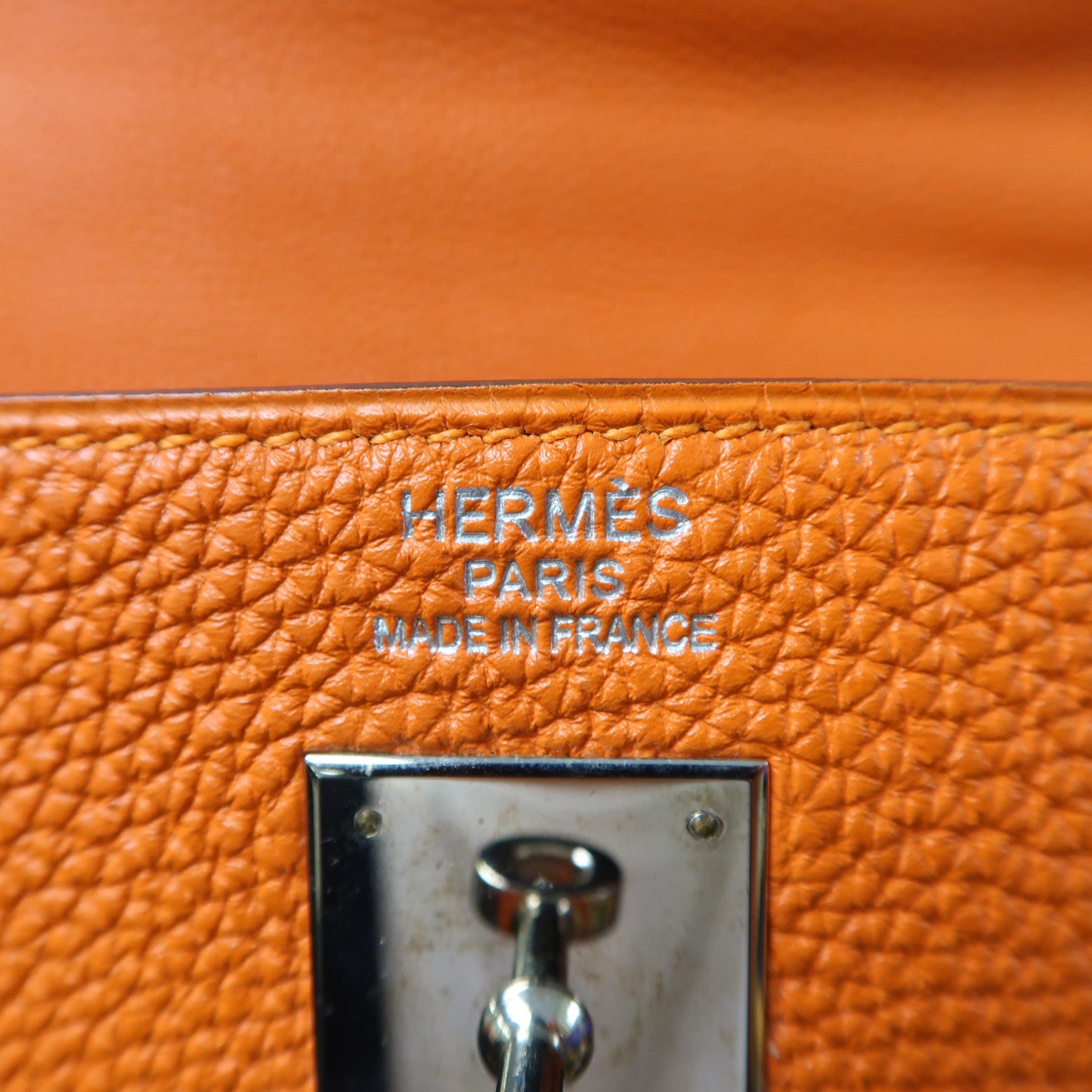 HERMES Togo Leather Kelly 40 Silver Buckle Hand Bag Orange