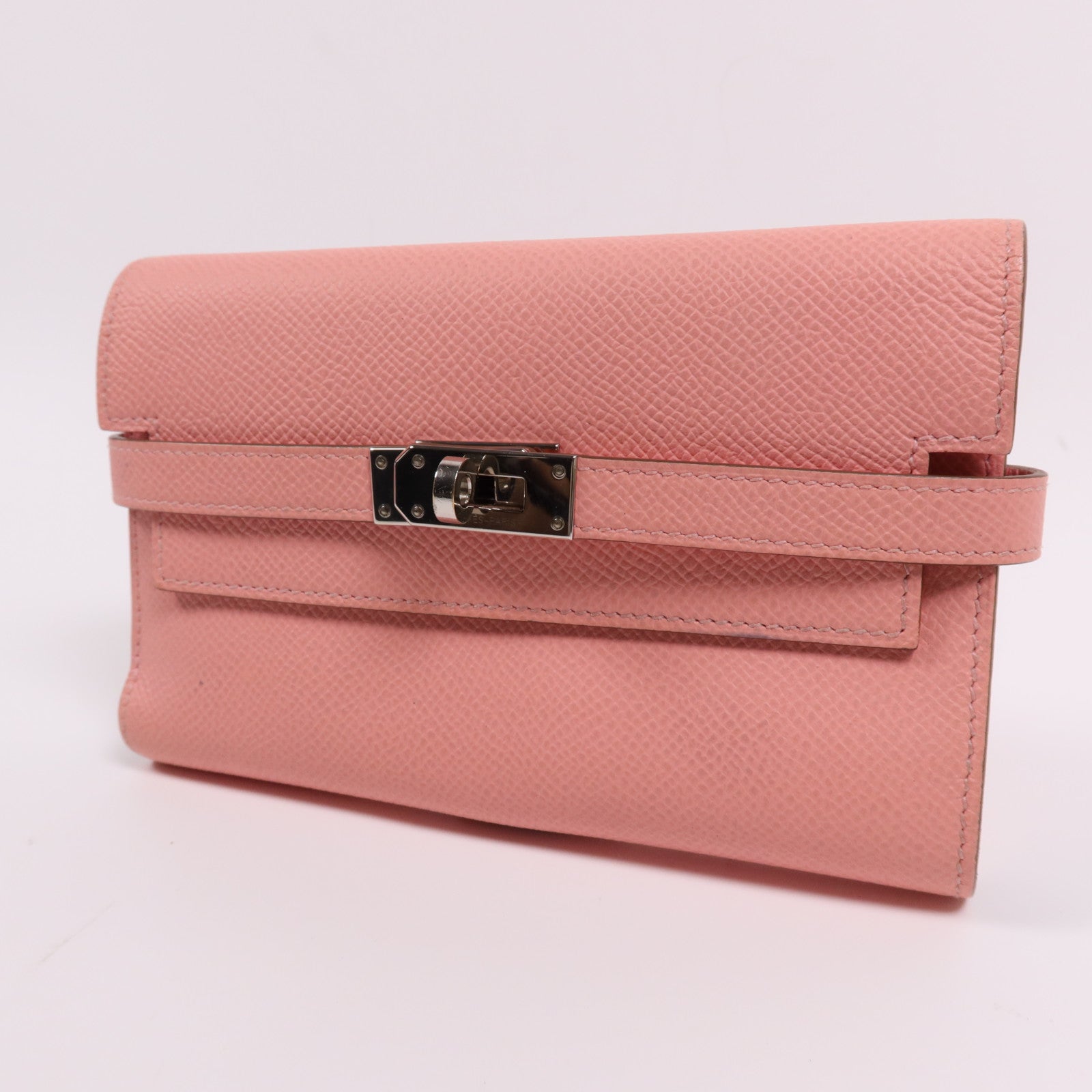 HERMES Epsom皮革Kelly Wallet銀扣長錢包Rose Confetti