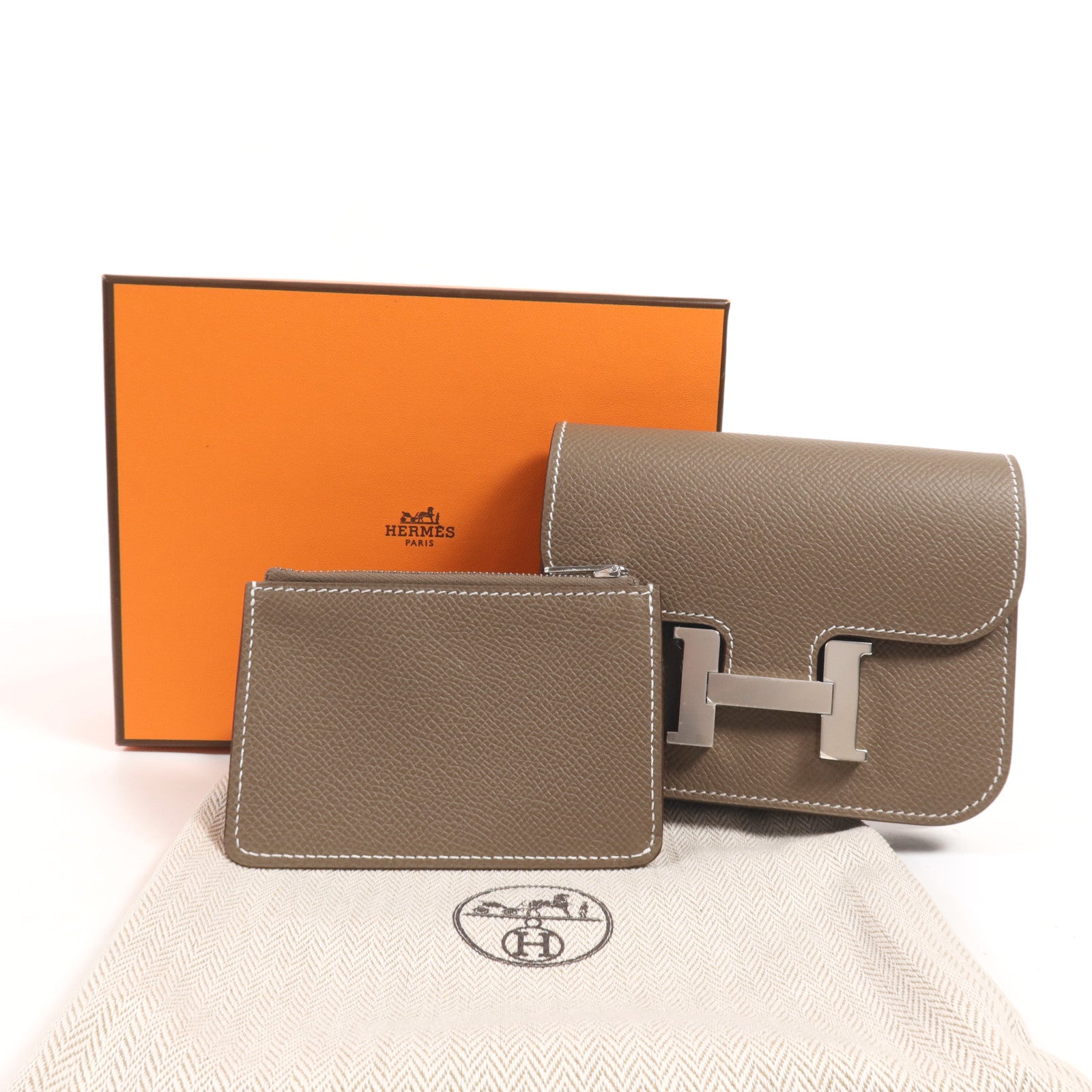 HERMES Evercolor皮革Constance Slim銀扣錢包Etoupe