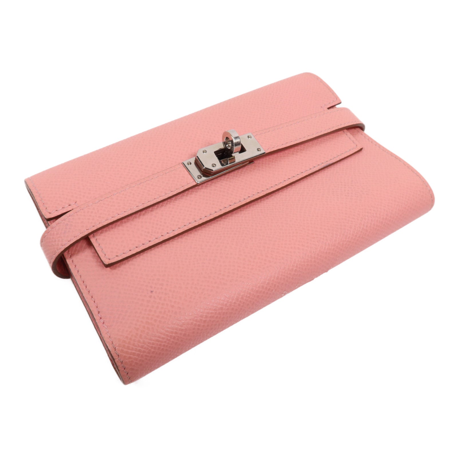 HERMES Epsom皮革Kelly Wallet銀扣長錢包Rose Confetti