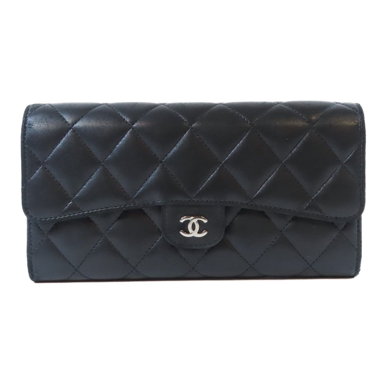 CHANEL 【激減優惠】菱格羊皮皮革Long Wallet銀扣長錢包黑色