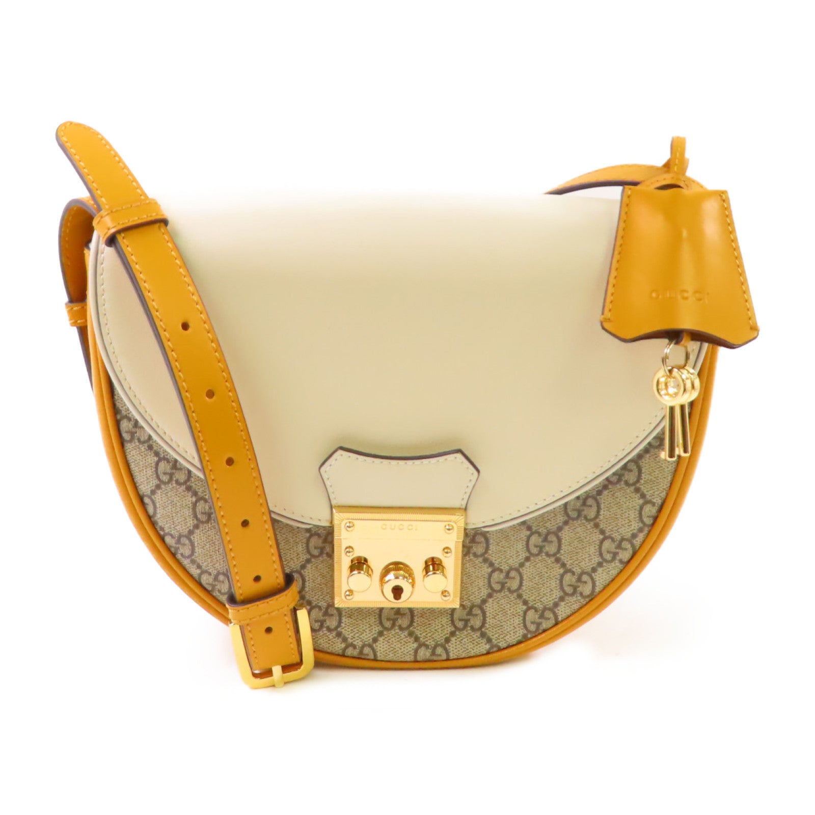 GUCCI GG Padlock Shoulder Bag Coated Canvas Calfskin Leather 644524 White Yellow