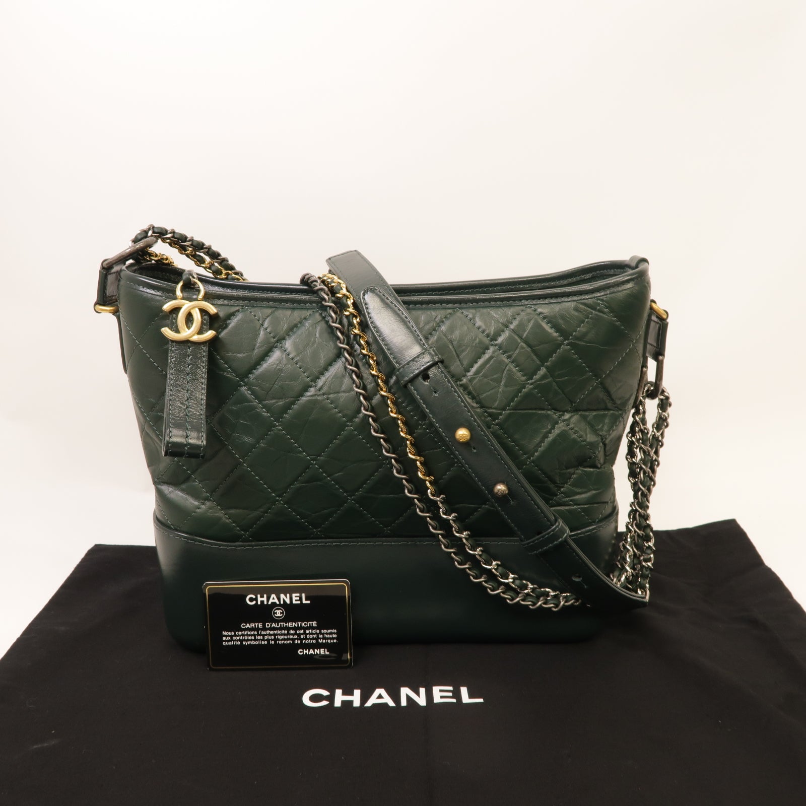 CHANEL 【激減優惠】菱格Aged Calf皮革Gabrielle Medium金扣鏈帶肩背袋綠色