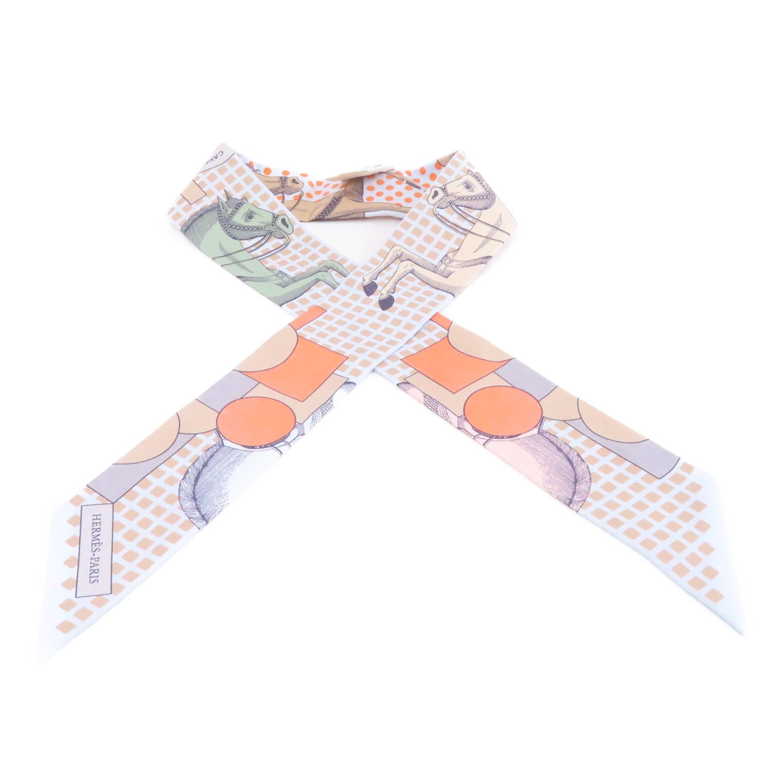 HERMES 絲質Twilly絲巾淺藍色/橙色/米色