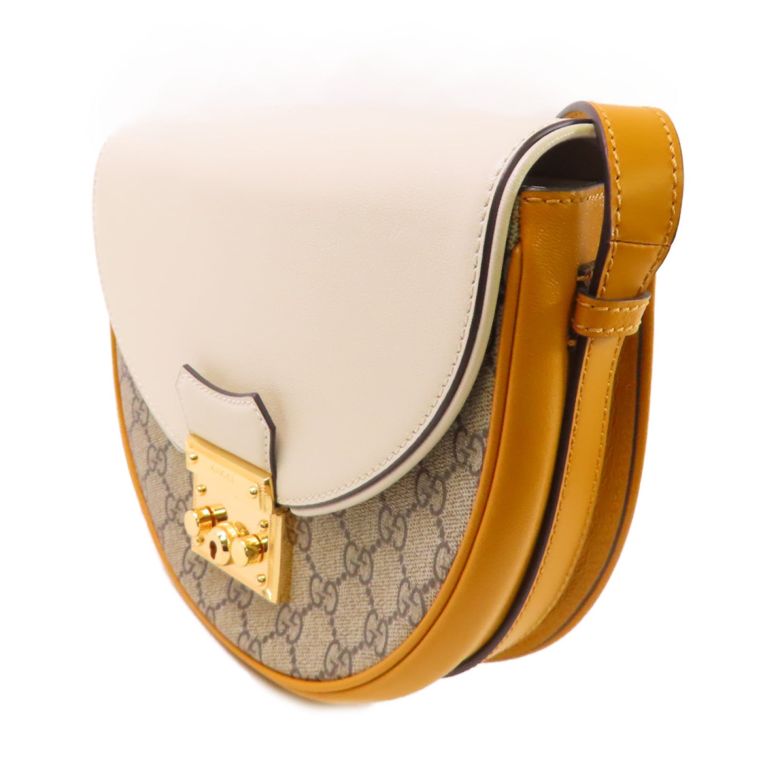 GUCCI GG Padlock Shoulder Bag Coated Canvas Calfskin Leather 644524 White Yellow