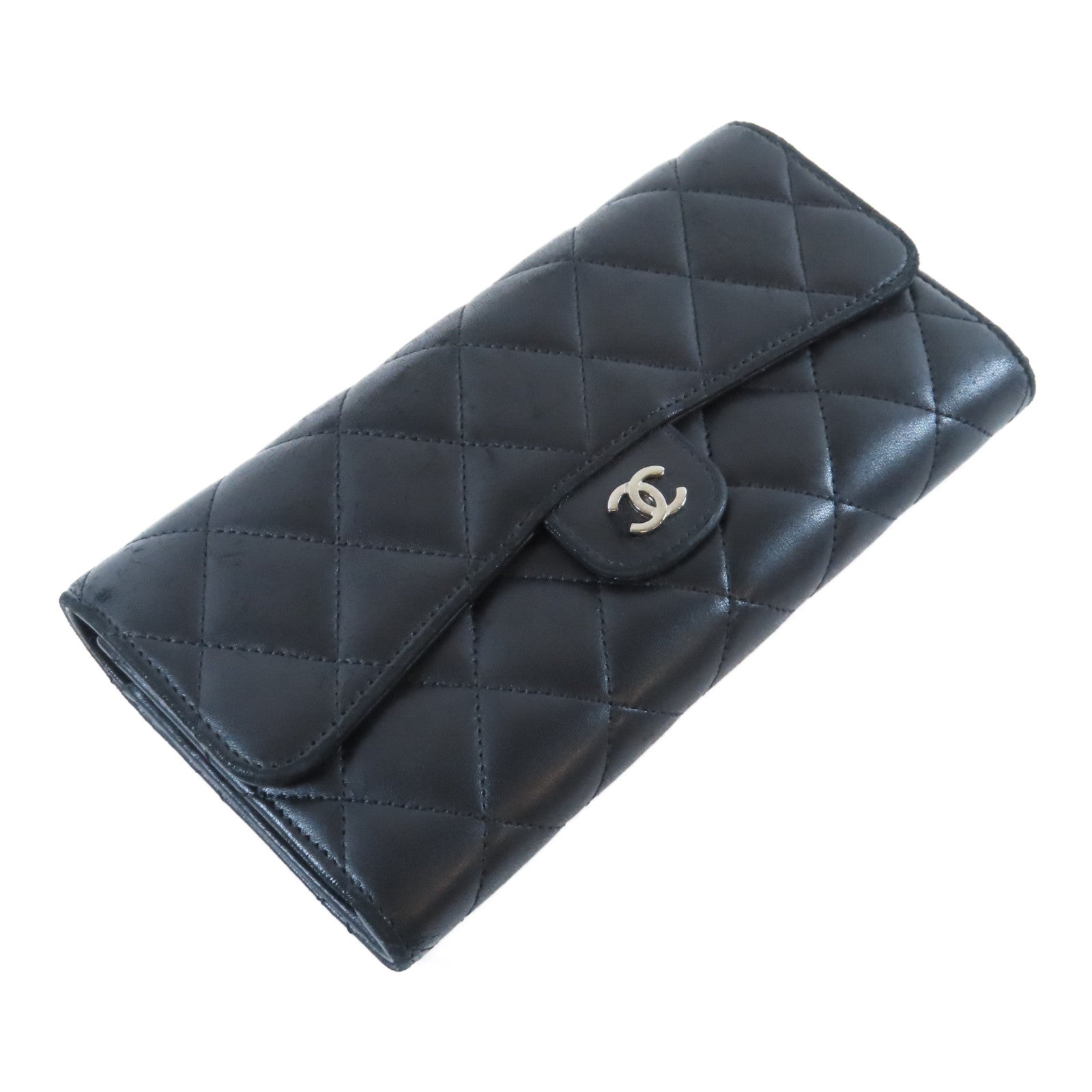 CHANEL 【激減優惠】菱格羊皮皮革Long Wallet銀扣長錢包黑色
