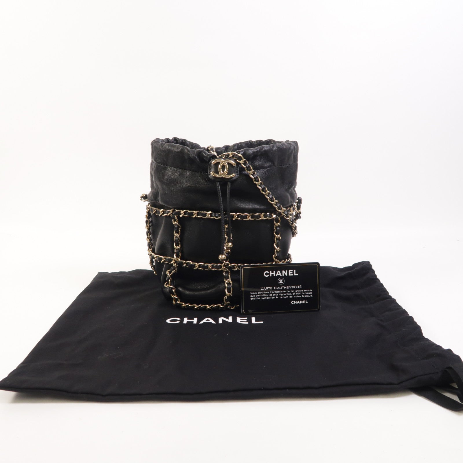 CHANEL 羊皮皮革Drawstring Bag金扣鏈帶肩背袋