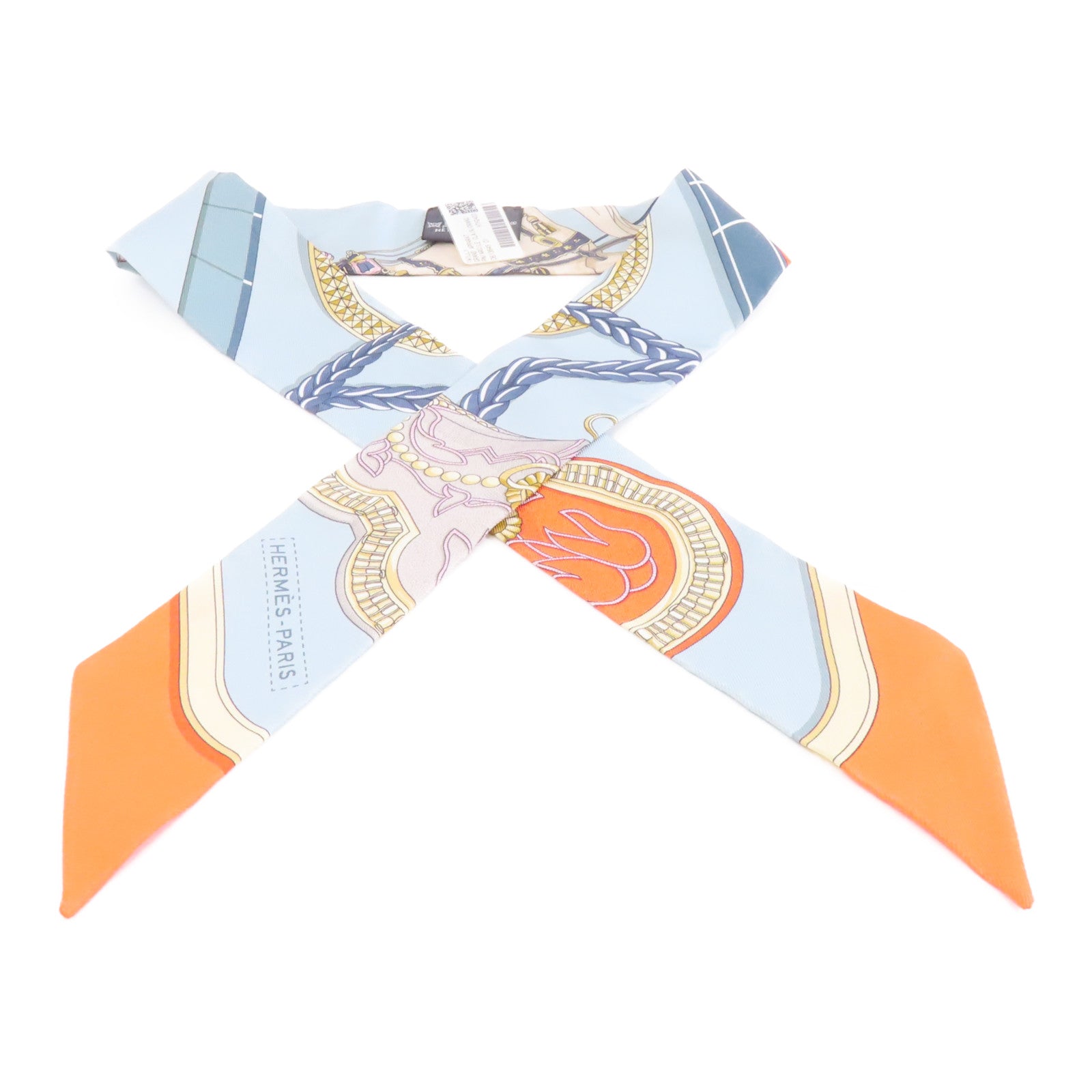 HERMES 絲質Twilly絲巾淺藍色/橙色/米色