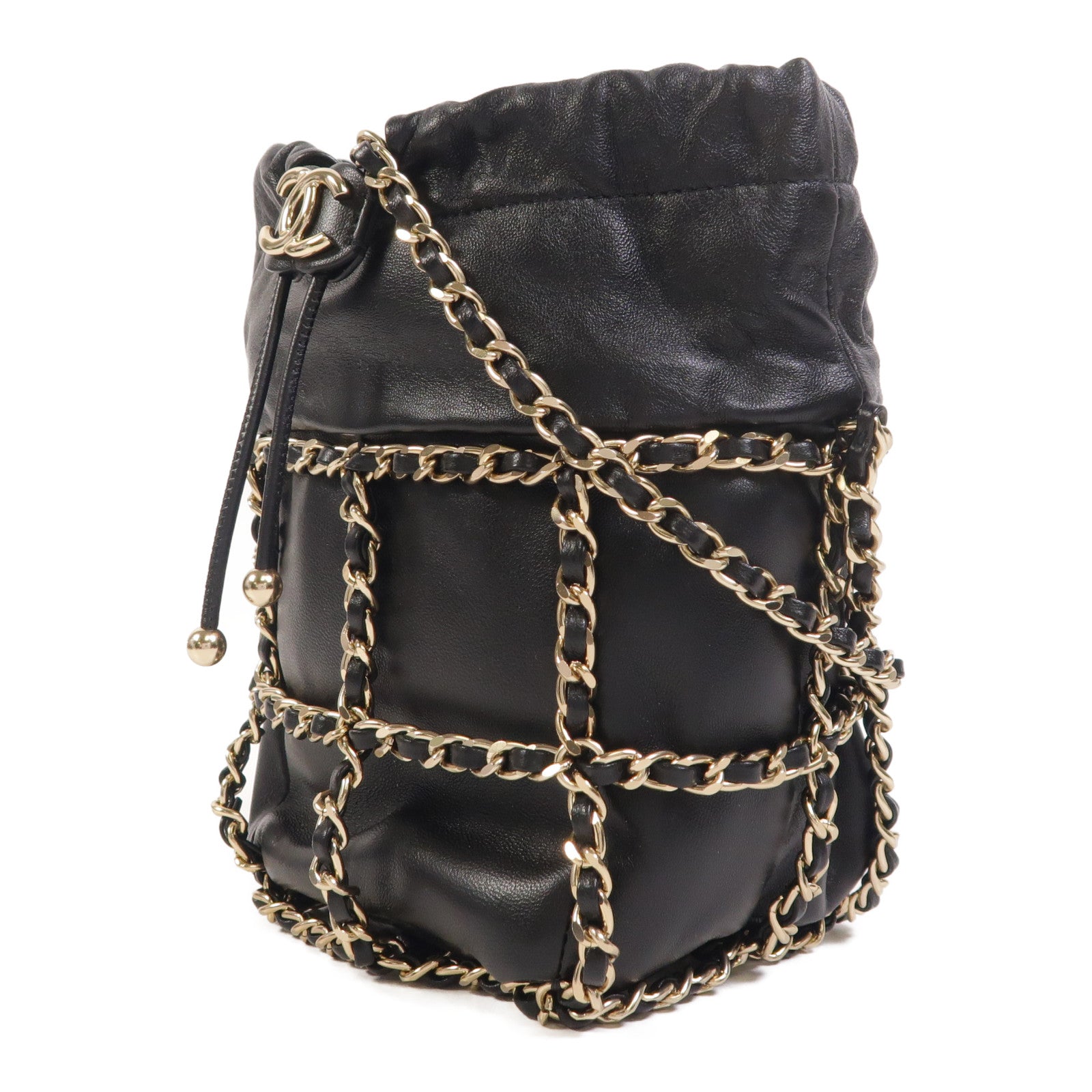 CHANEL 羊皮皮革Drawstring Bag金扣鏈帶肩背袋