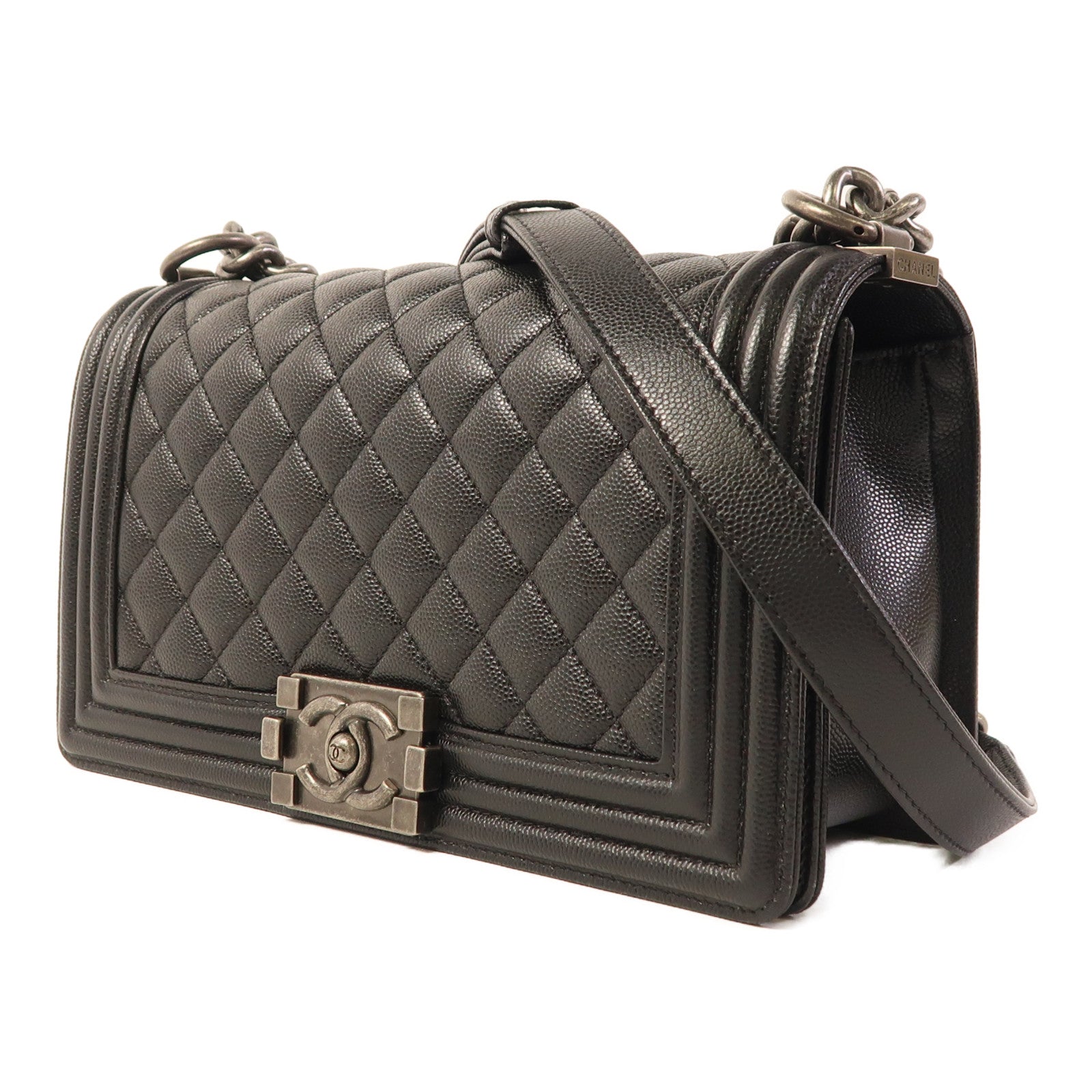 CHANEL 牛皮皮革Boy 25銀扣鏈帶肩背袋