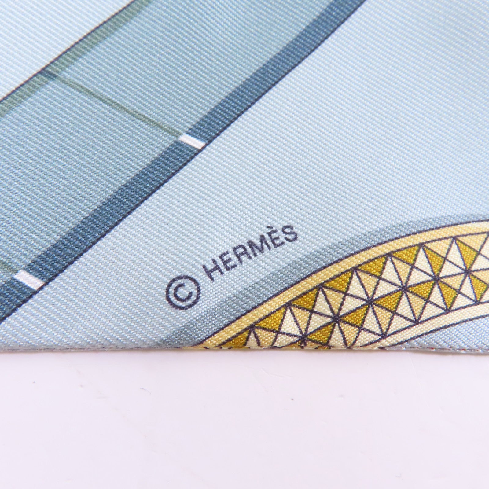 HERMES 絲質Twilly絲巾淺藍色/橙色/米色
