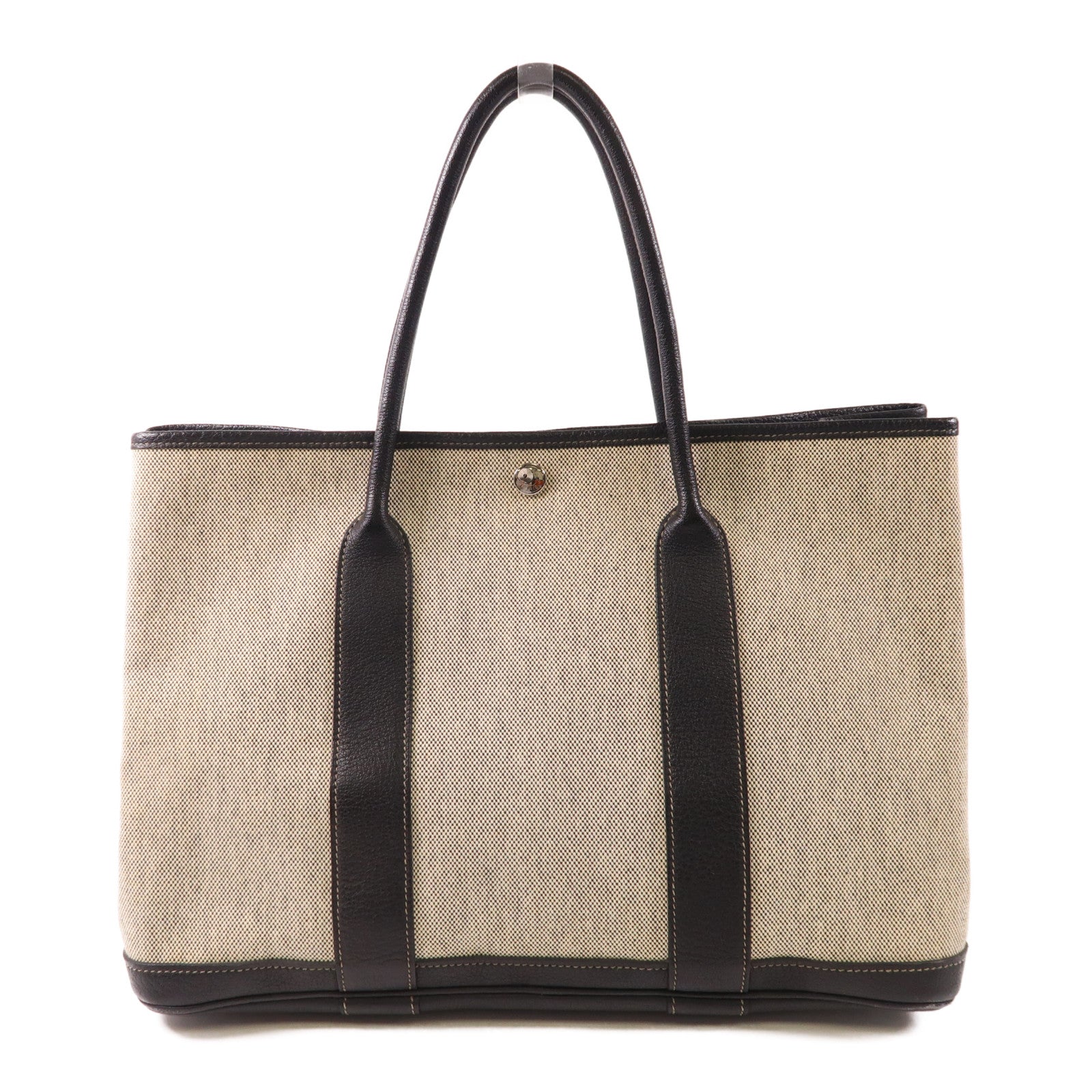HERMES 【激減優惠】帆布GardenParty PM銀扣肩背袋Black/White