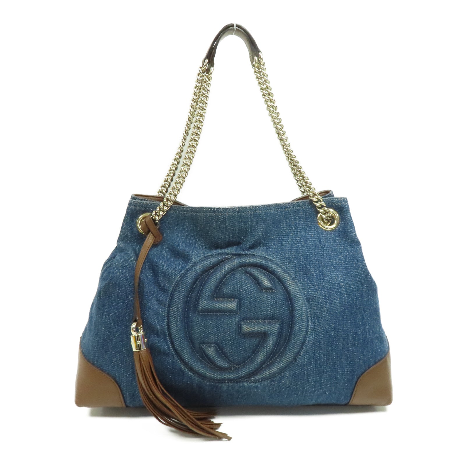 GUCCI 牛仔布Soho Pebbled金扣鏈帶肩背袋藍色