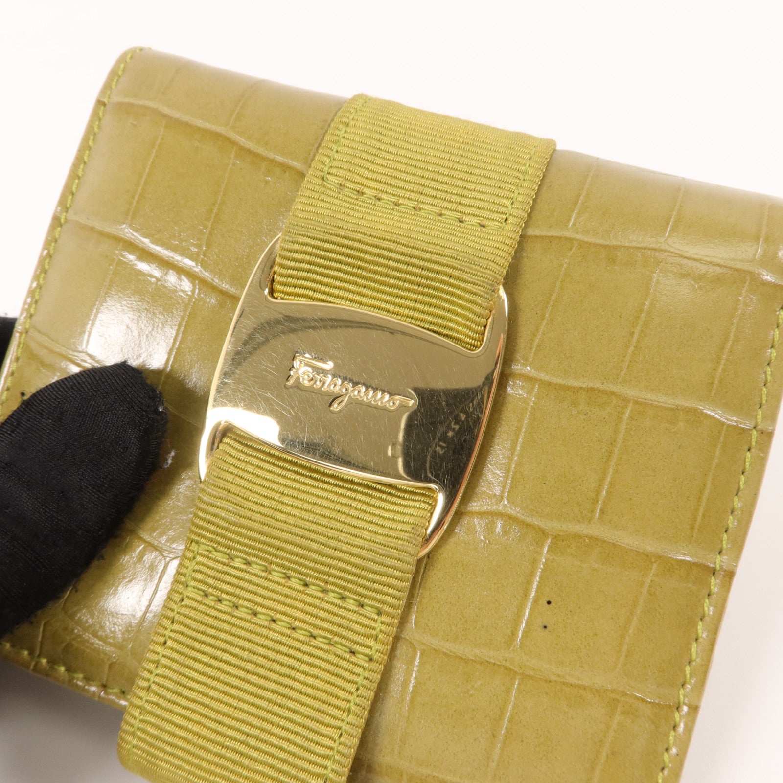 Salvatore Ferragamo 牛皮皮革Vara Bow Crocodile-Embossed Wallet錢包
