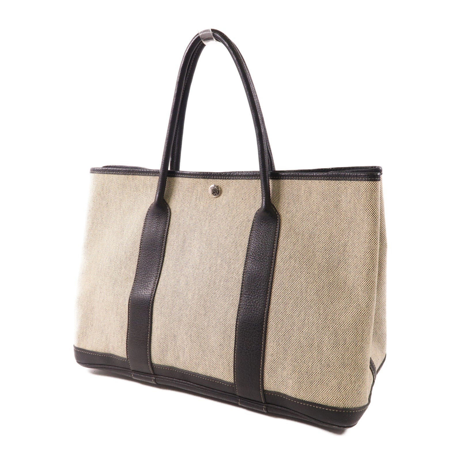 HERMES 【激減優惠】帆布GardenParty PM銀扣肩背袋Black/White